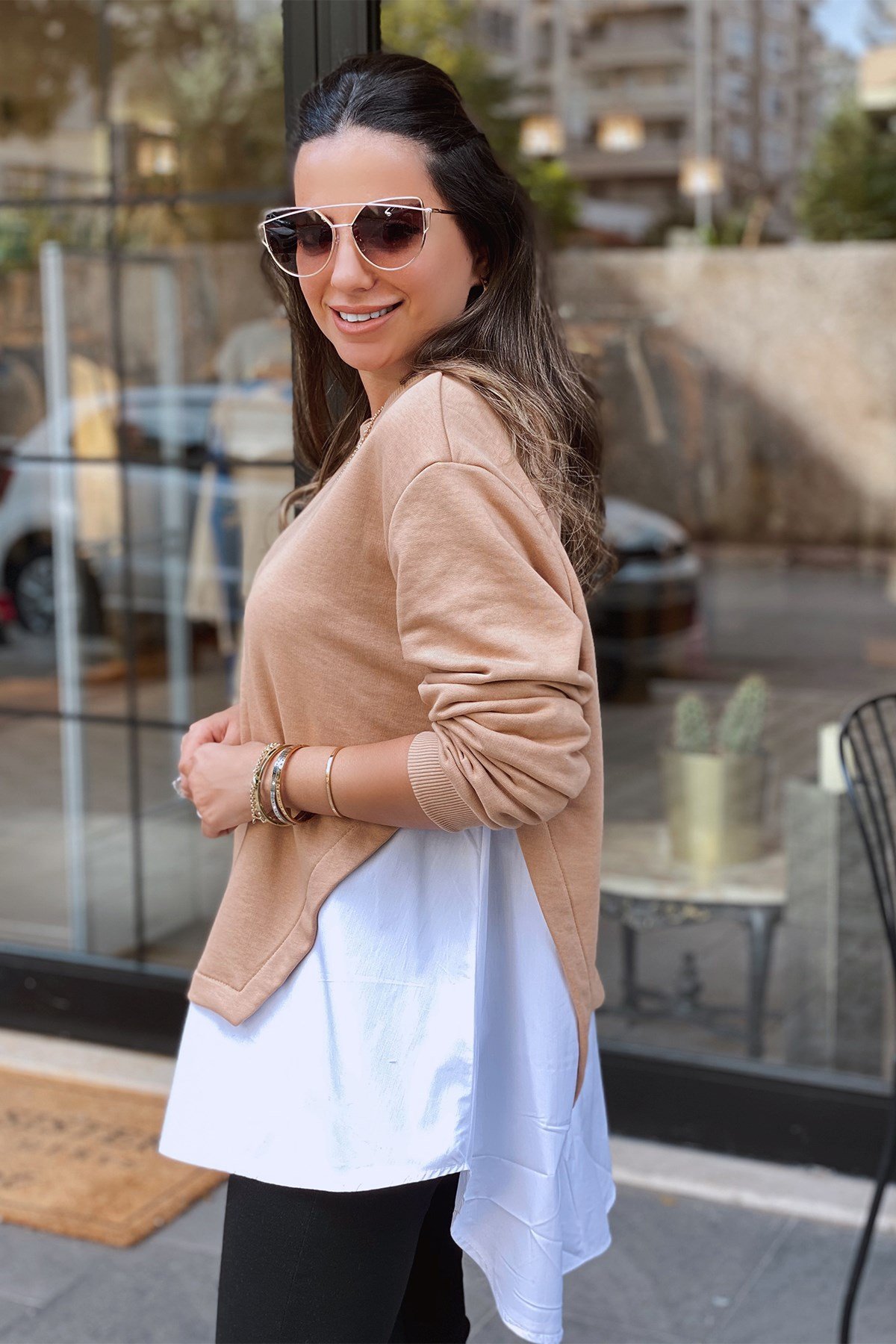 Poplin Detaylı Vizon Sweat