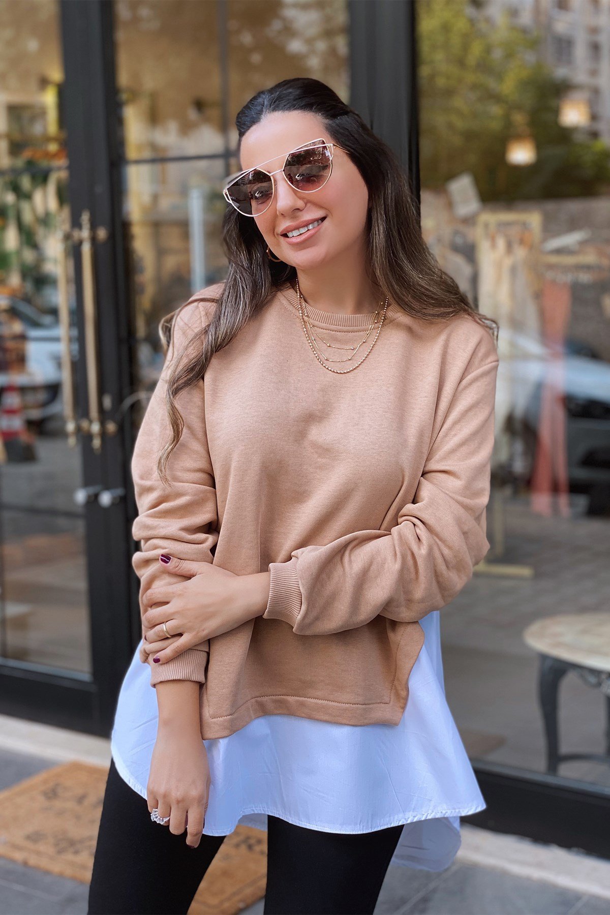 Poplin Detaylı Vizon Sweat