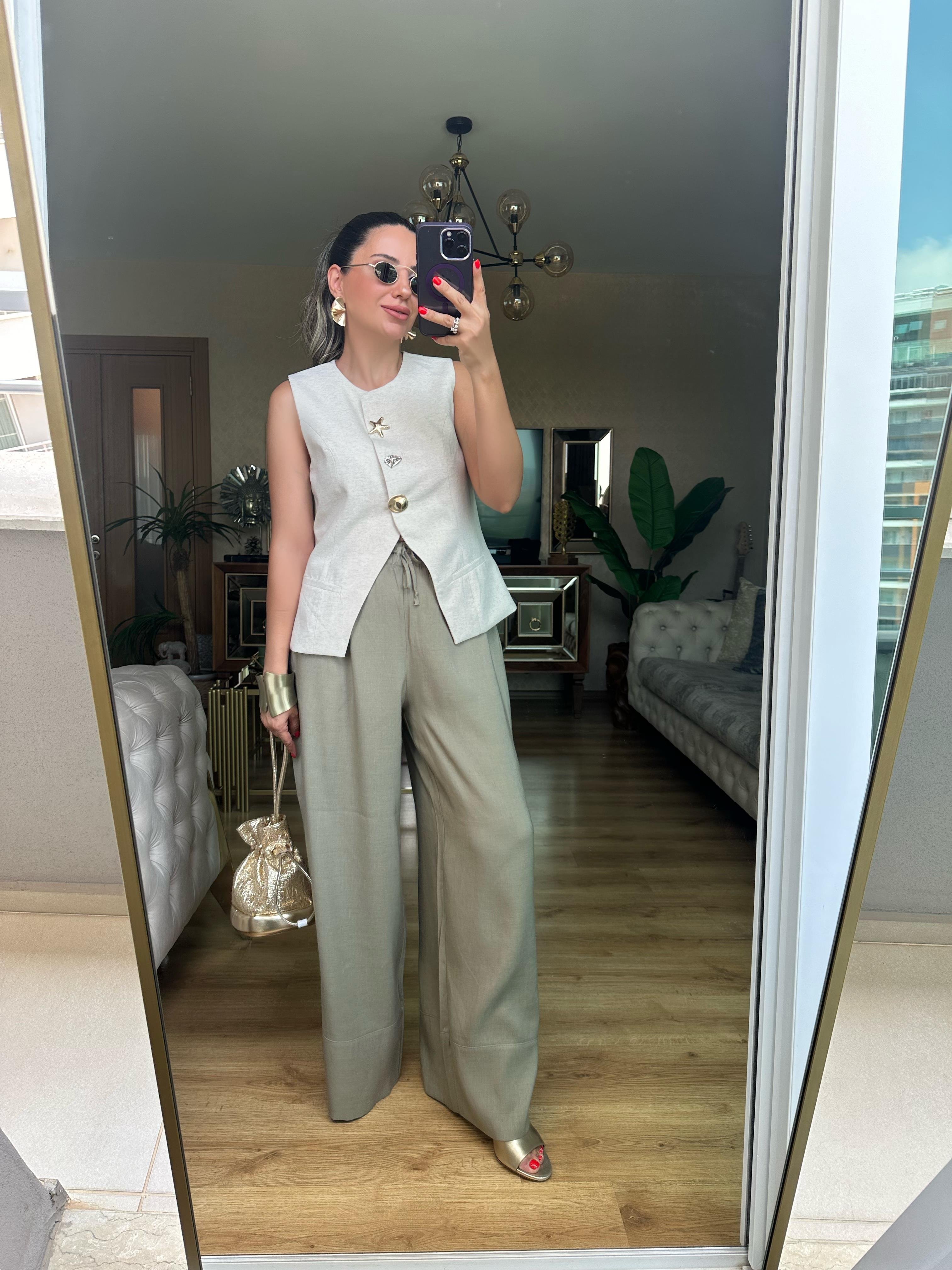 Premium Haki Yeşil Beli Lastikli Keten Pantolon