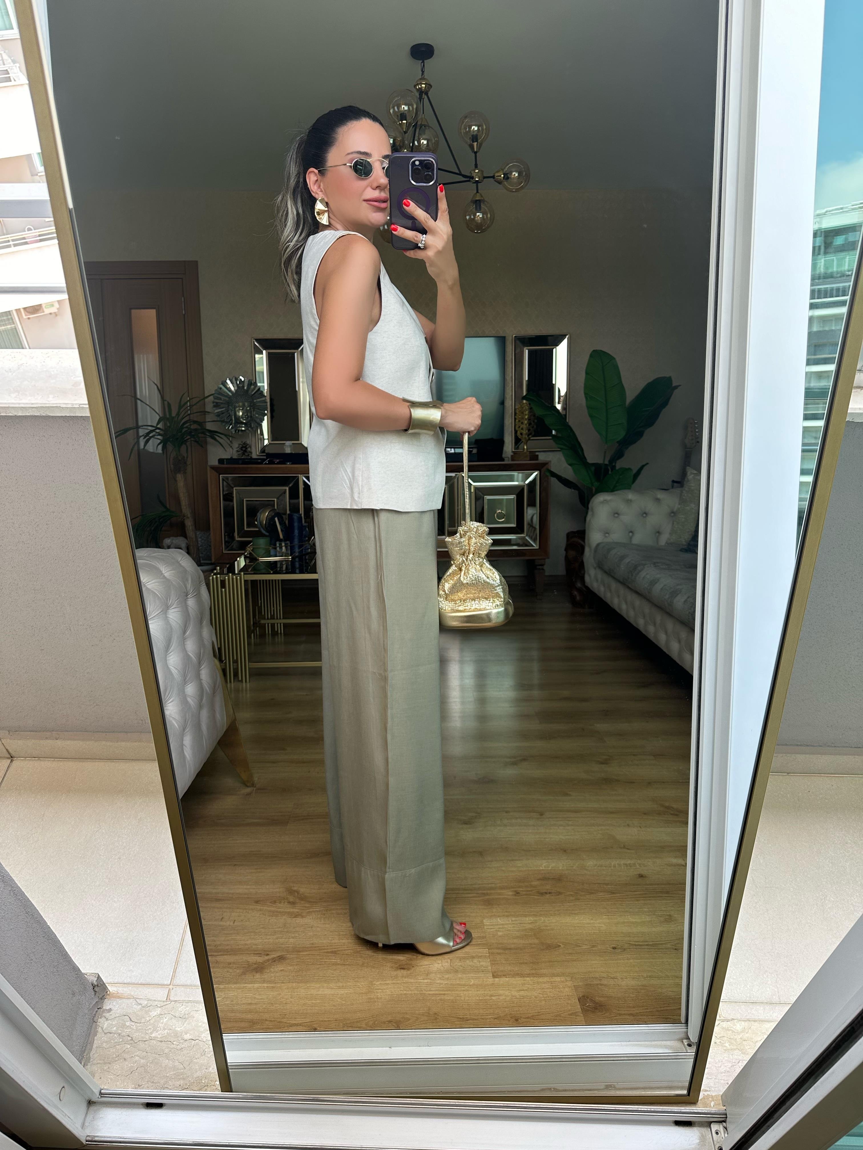 Premium Haki Yeşil Beli Lastikli Keten Pantolon