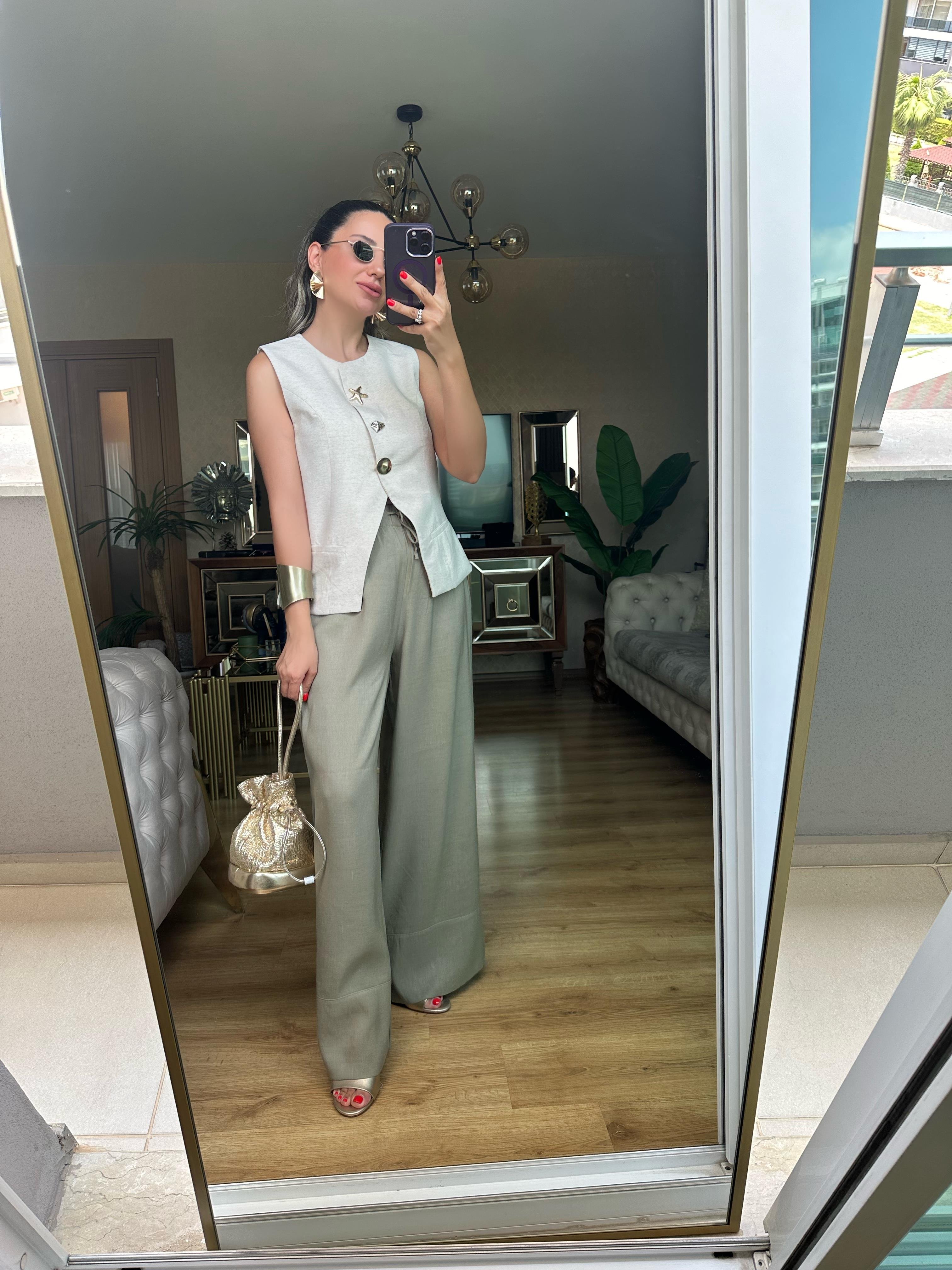 Premium Haki Yeşil Beli Lastikli Keten Pantolon