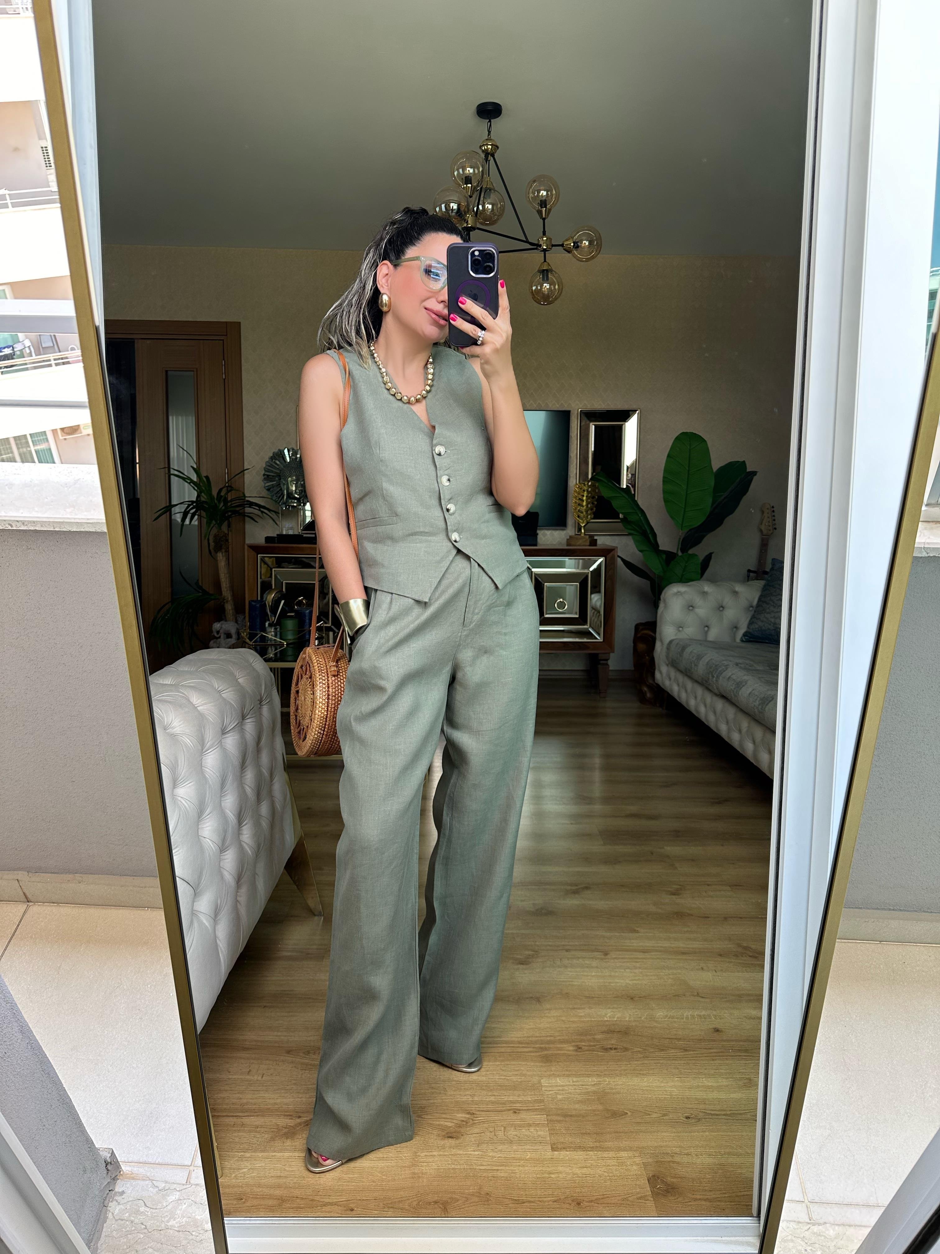 Premium Haki Yeşil Keten Pantolon Takım