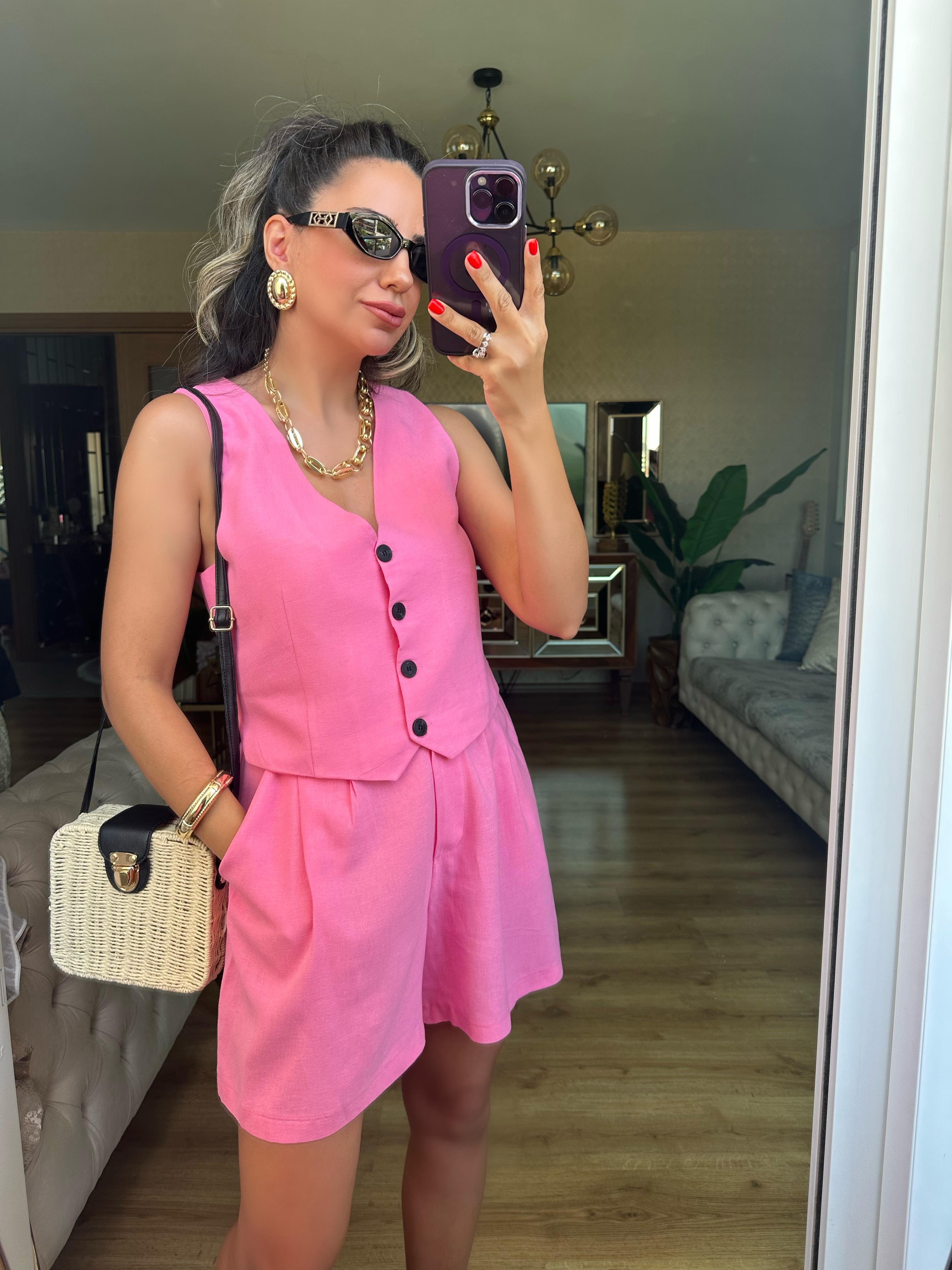 Premium Keten Pembe Şort Yelek Takım 