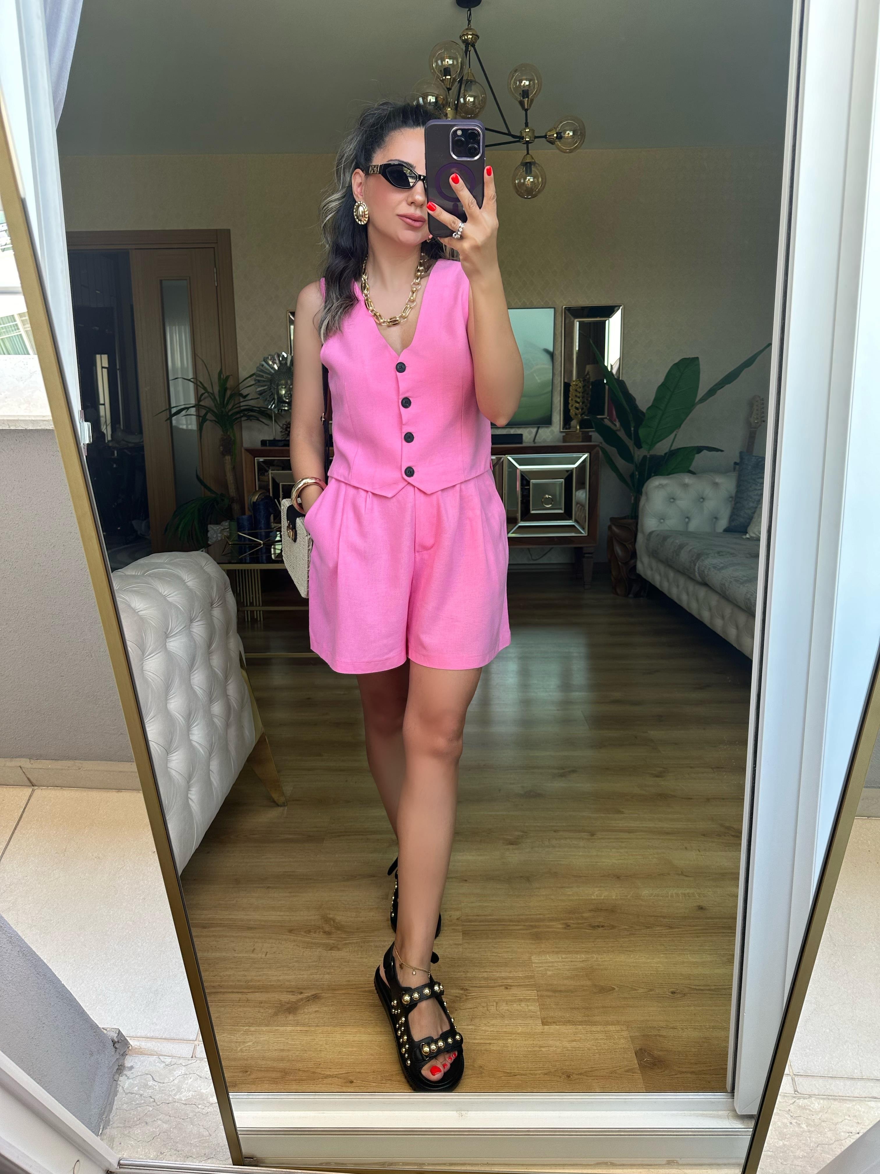 Premium Keten Pembe Şort Yelek Takım 