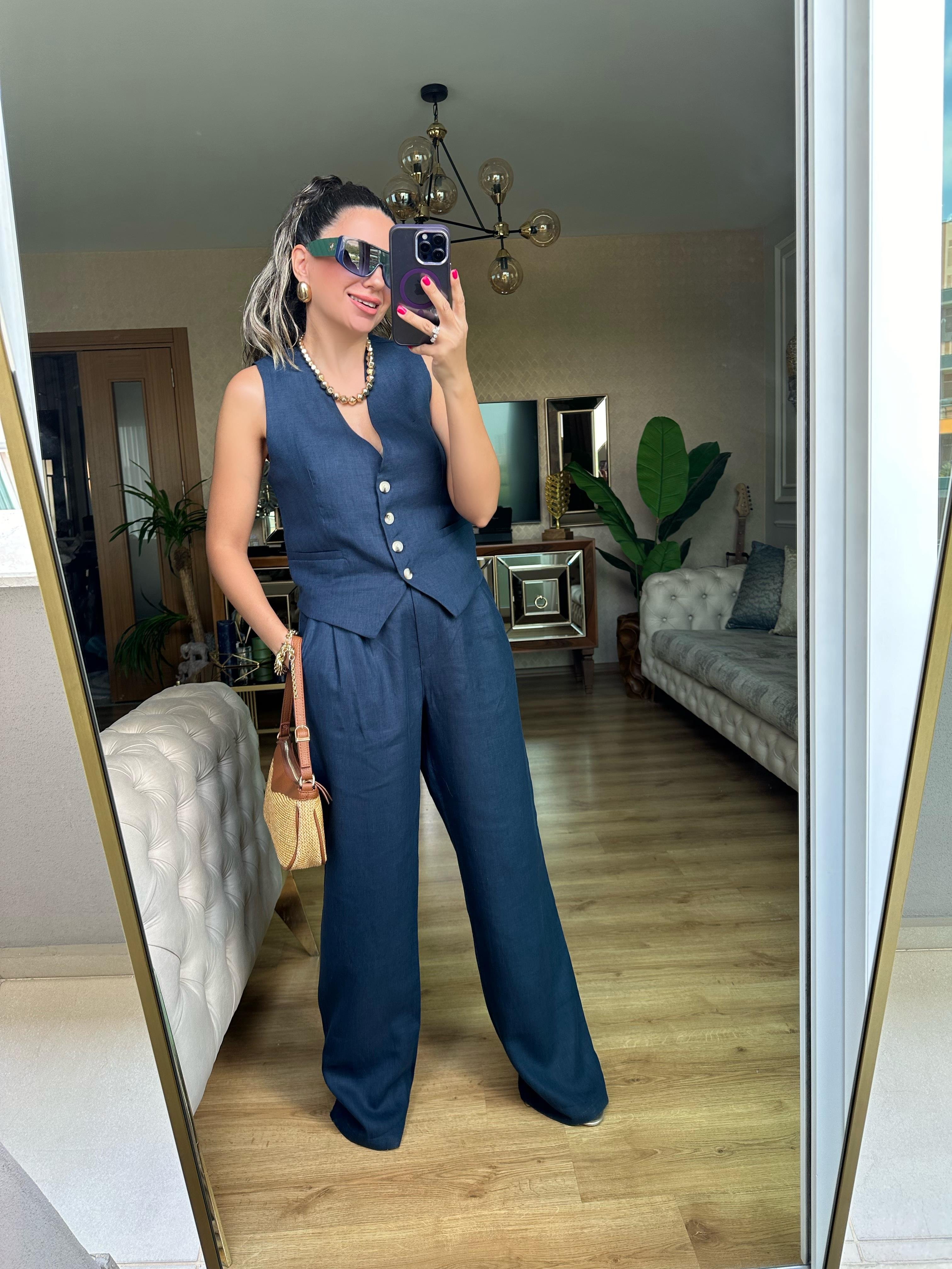 Premium Lacivert Keten Pantolon Takım