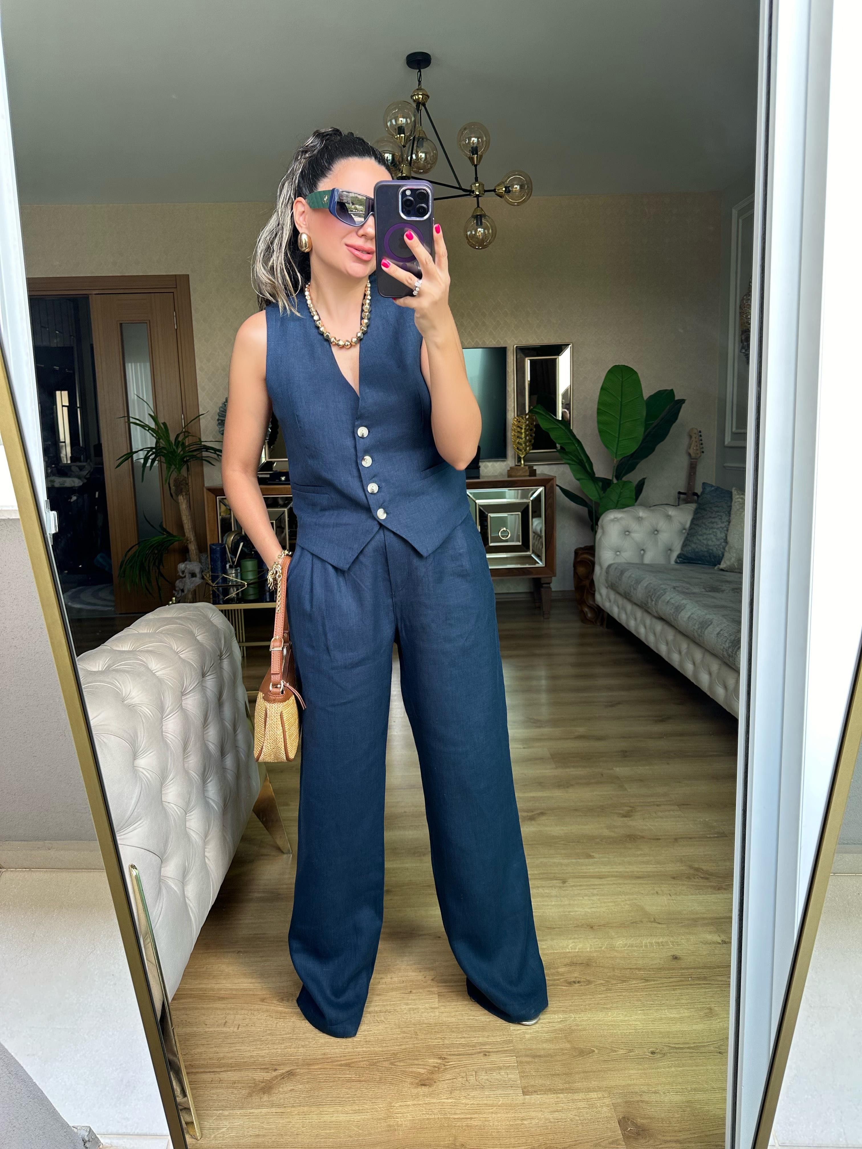 Premium Lacivert Keten Pantolon Takım