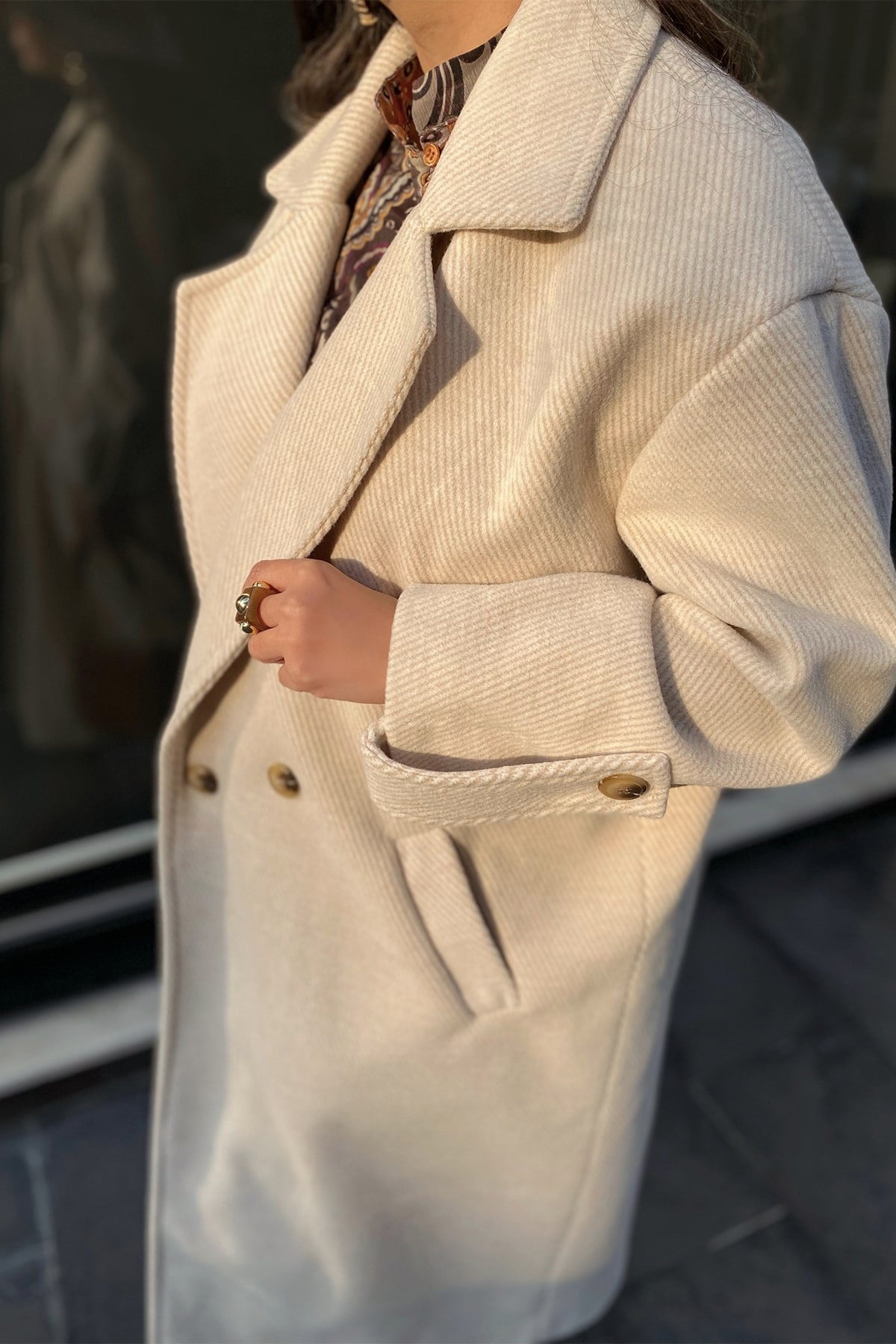 Premium Oversize Taş Renk Uzun Kaban