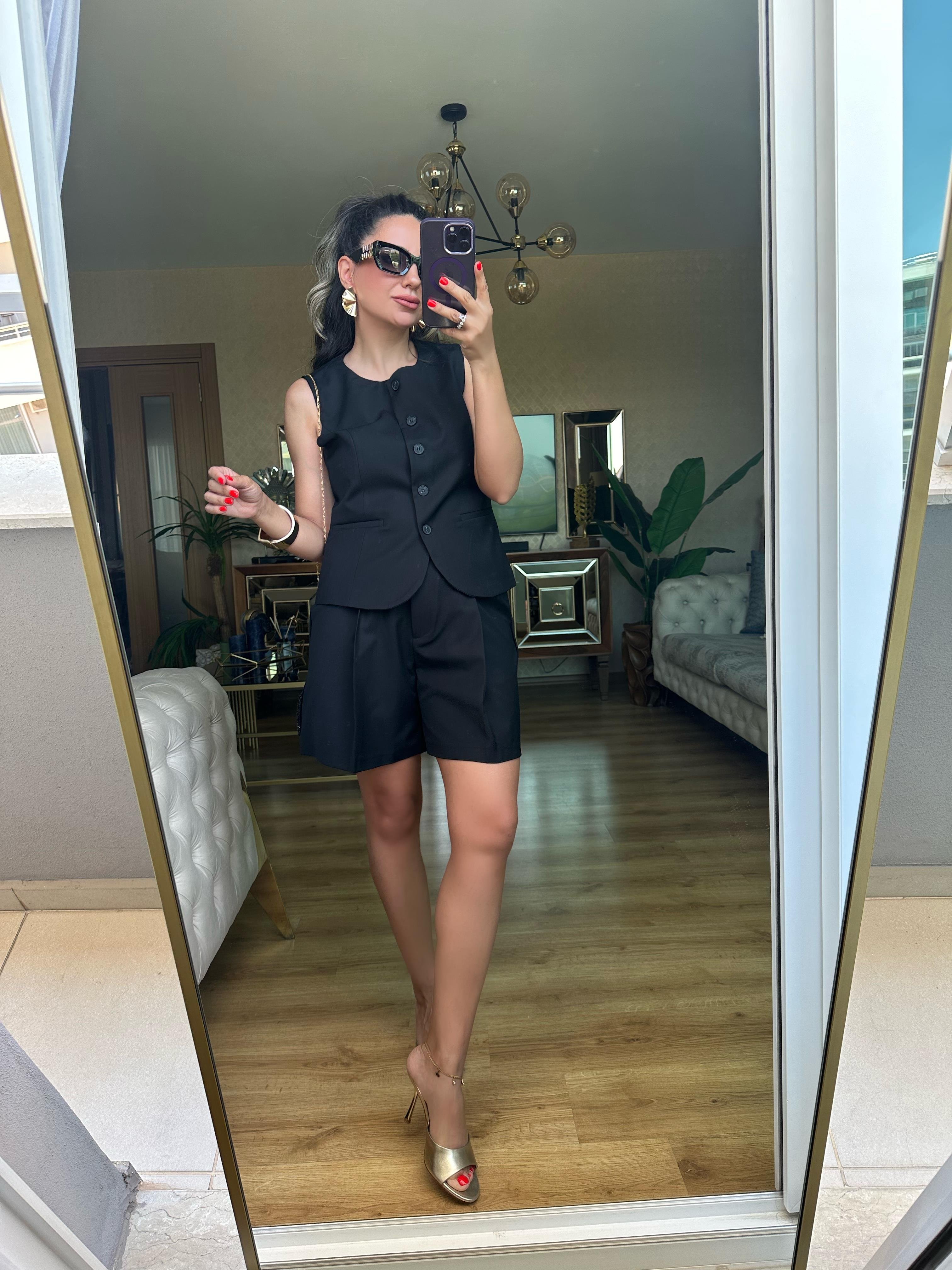 Premium Siyah Şort Yelek Takım 