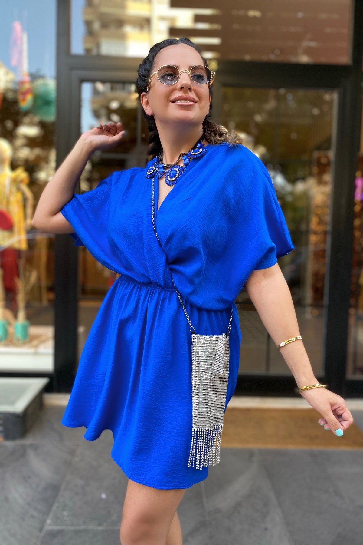 Saks Mavi Kısa Kruvaze Elbise