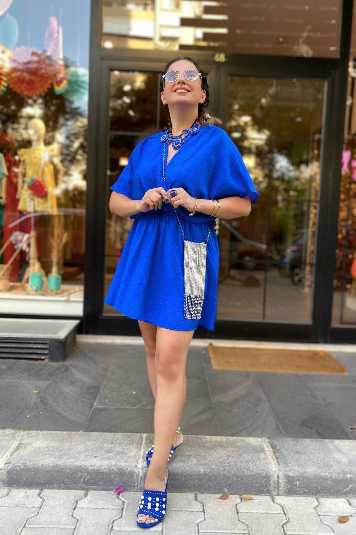 Saks Mavi Kısa Kruvaze Elbise