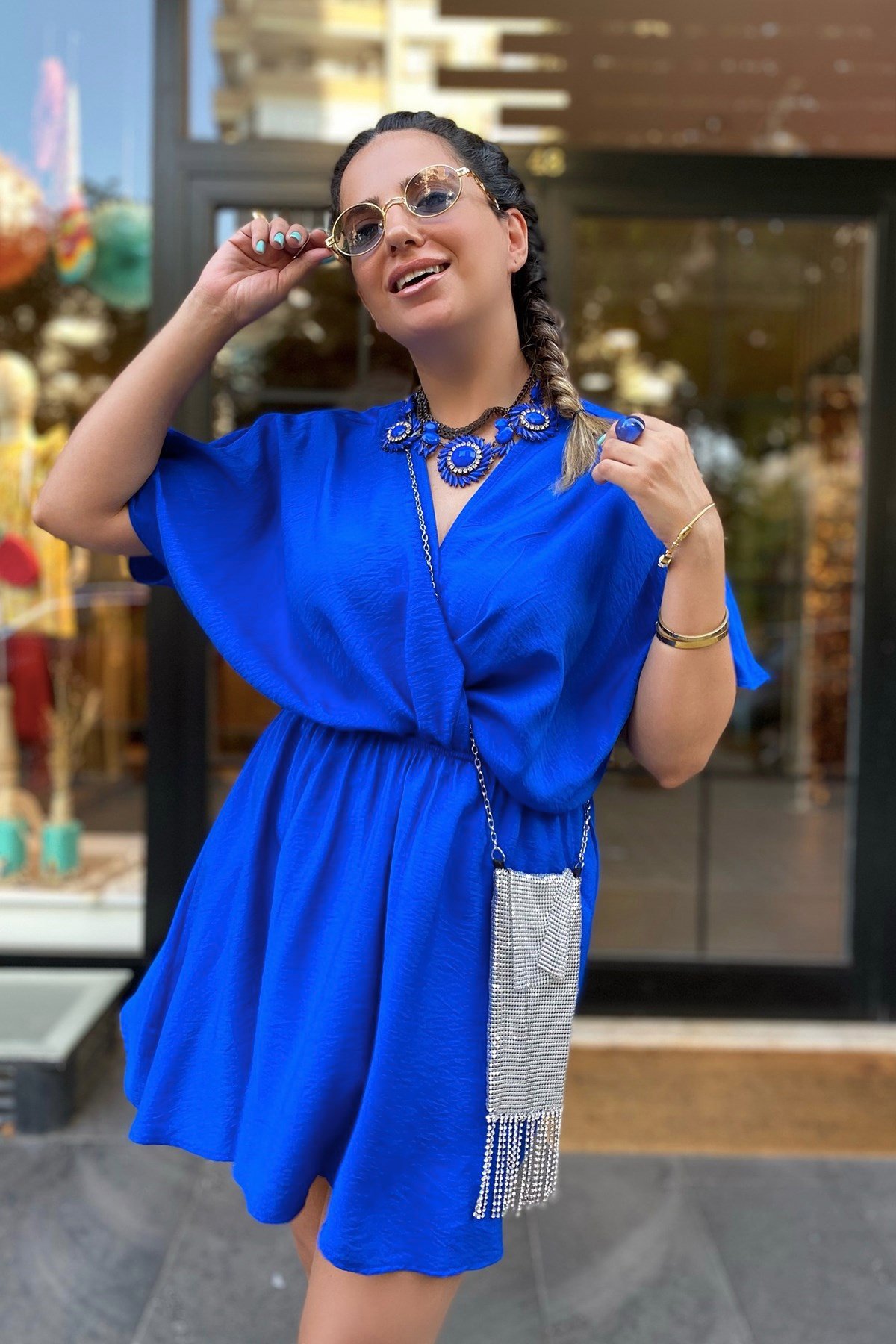 Saks Mavi Kısa Kruvaze Elbise