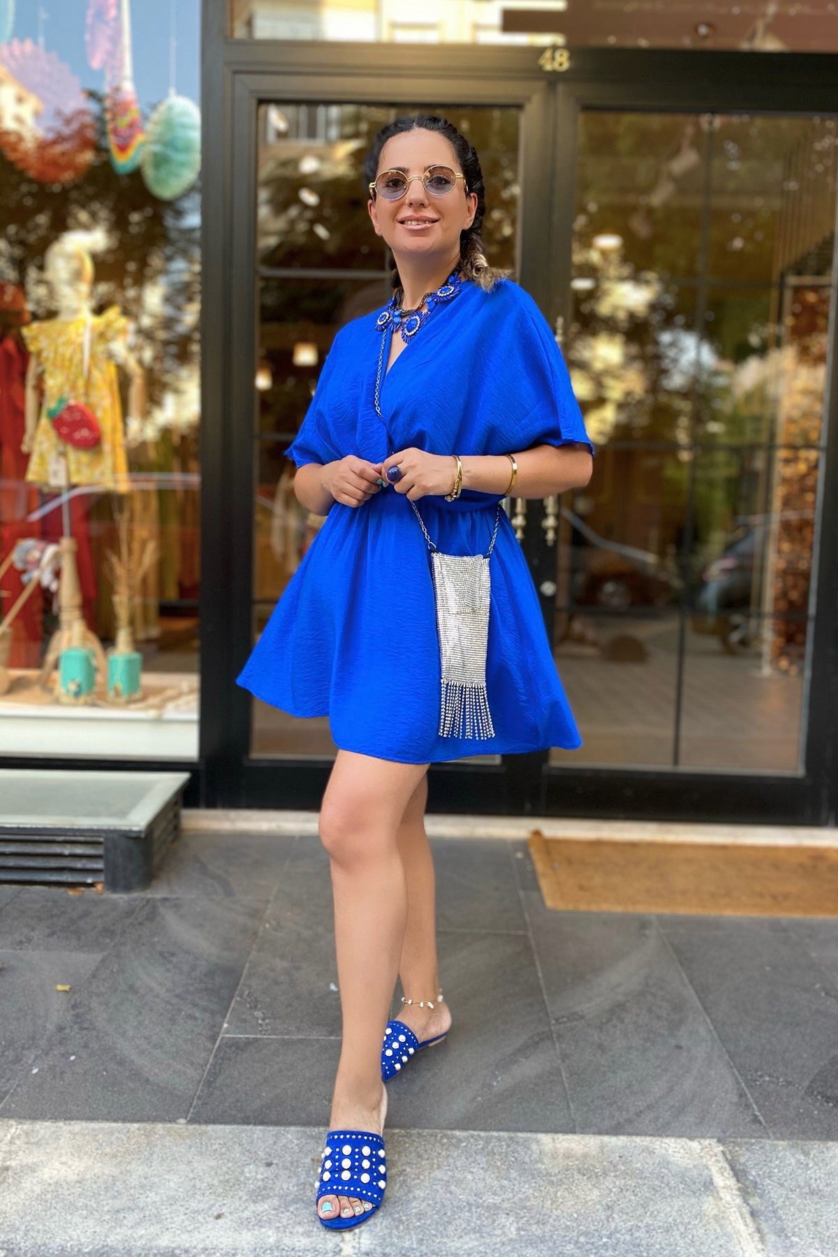 Saks Mavi Kısa Kruvaze Elbise