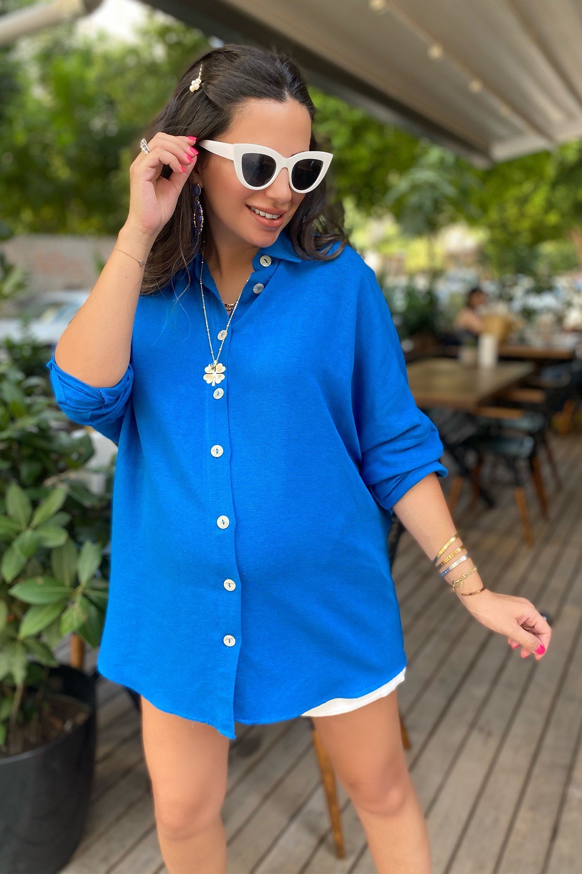 Saks Mavi Renk Oversize Keten Gömlek