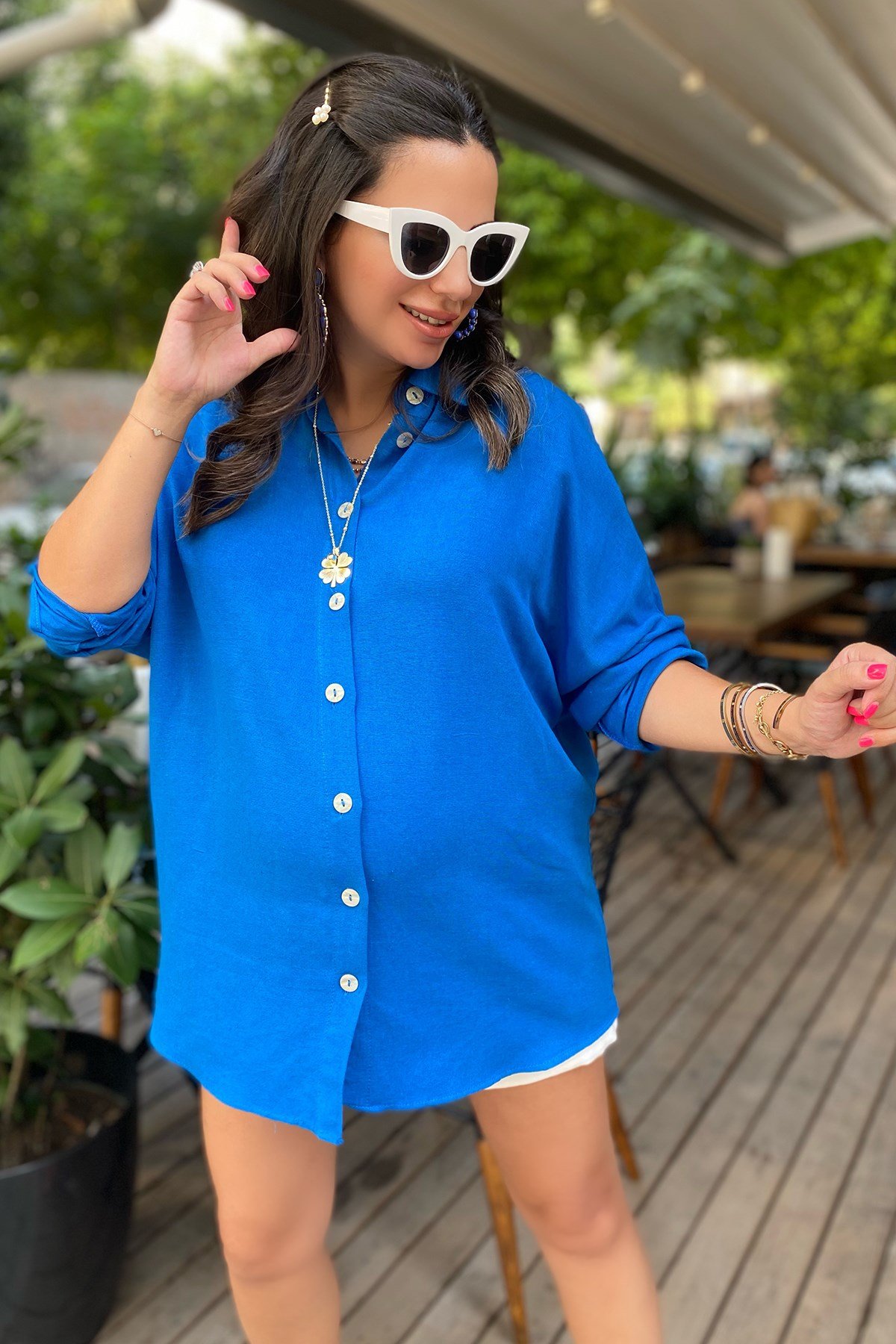 Saks Mavi Renk Oversize Keten Gömlek