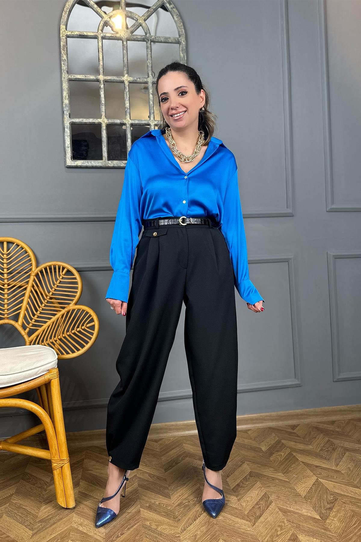 Saks Mavi Saten Gömlek