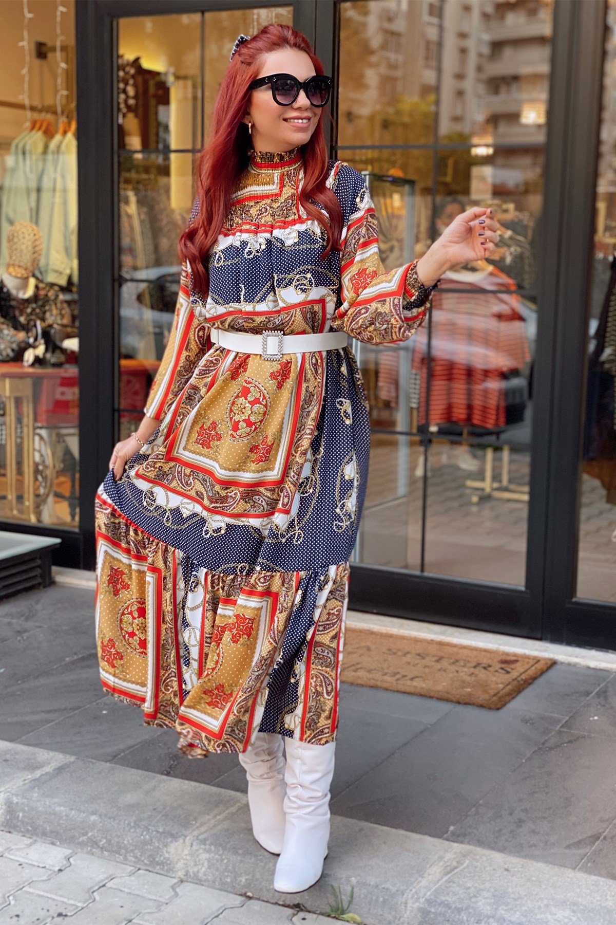 Şal Desen Dik Yaka Elbise