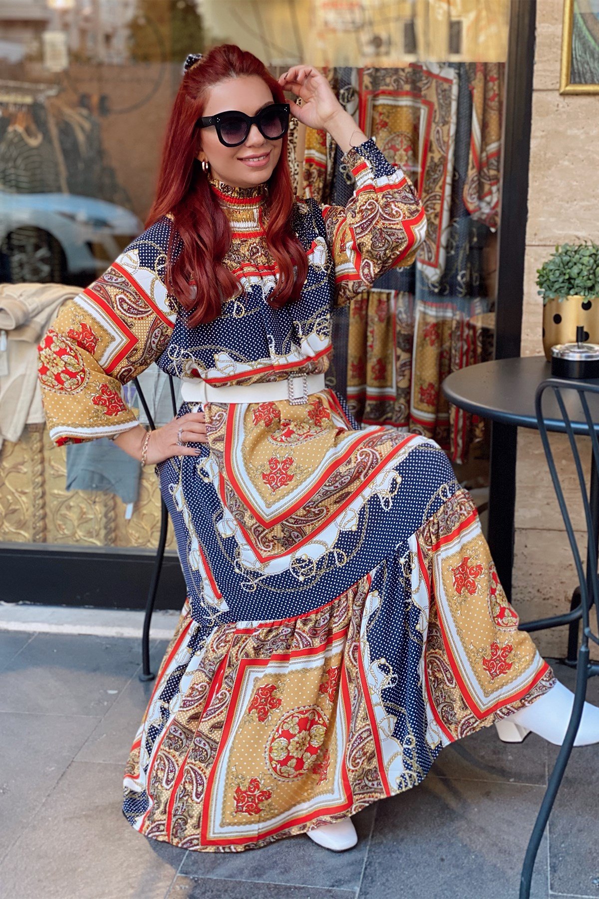 Şal Desen Dik Yaka Elbise