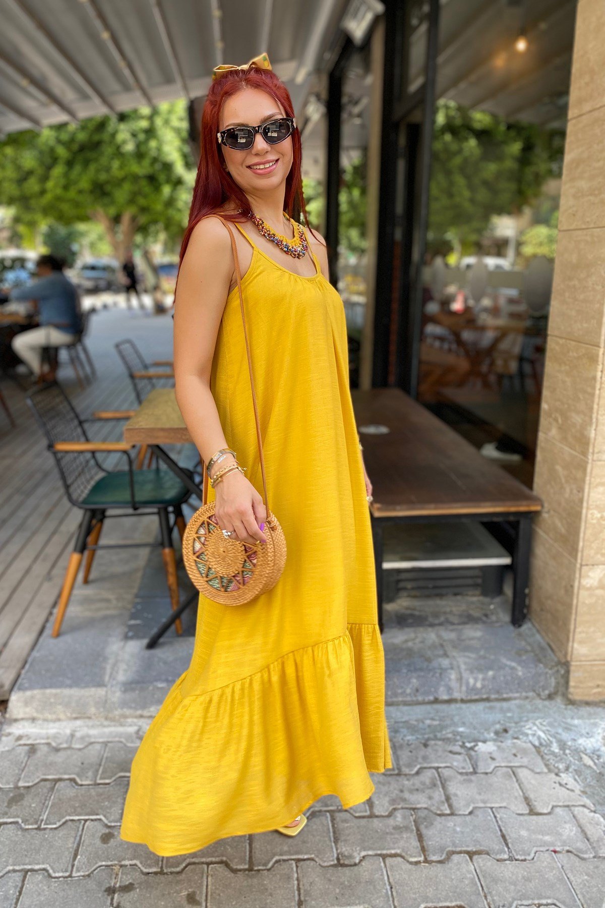 Sarı  Askılı Uzun Elbise