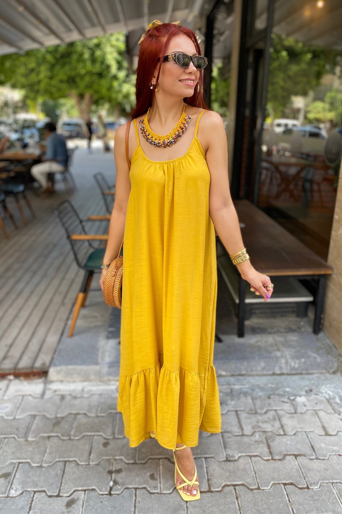 Sarı  Askılı Uzun Elbise