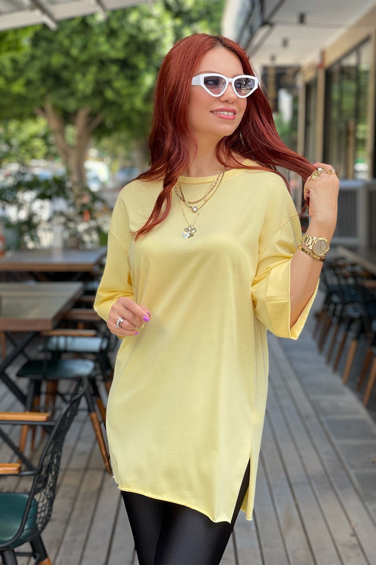 Sarı Basic Uzun Boyfriend Tshirt