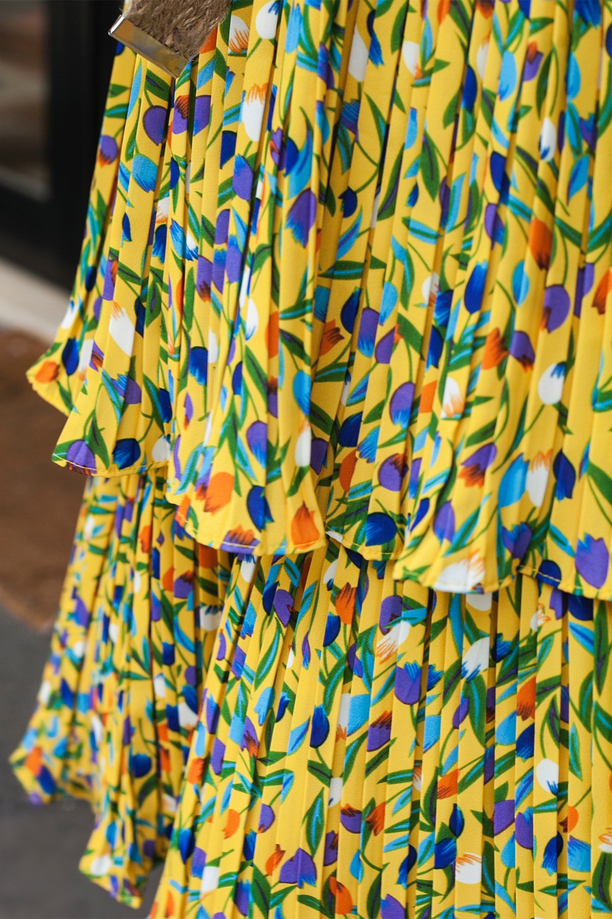 Sarı Çıtır Desenli Kat Kat Elbise