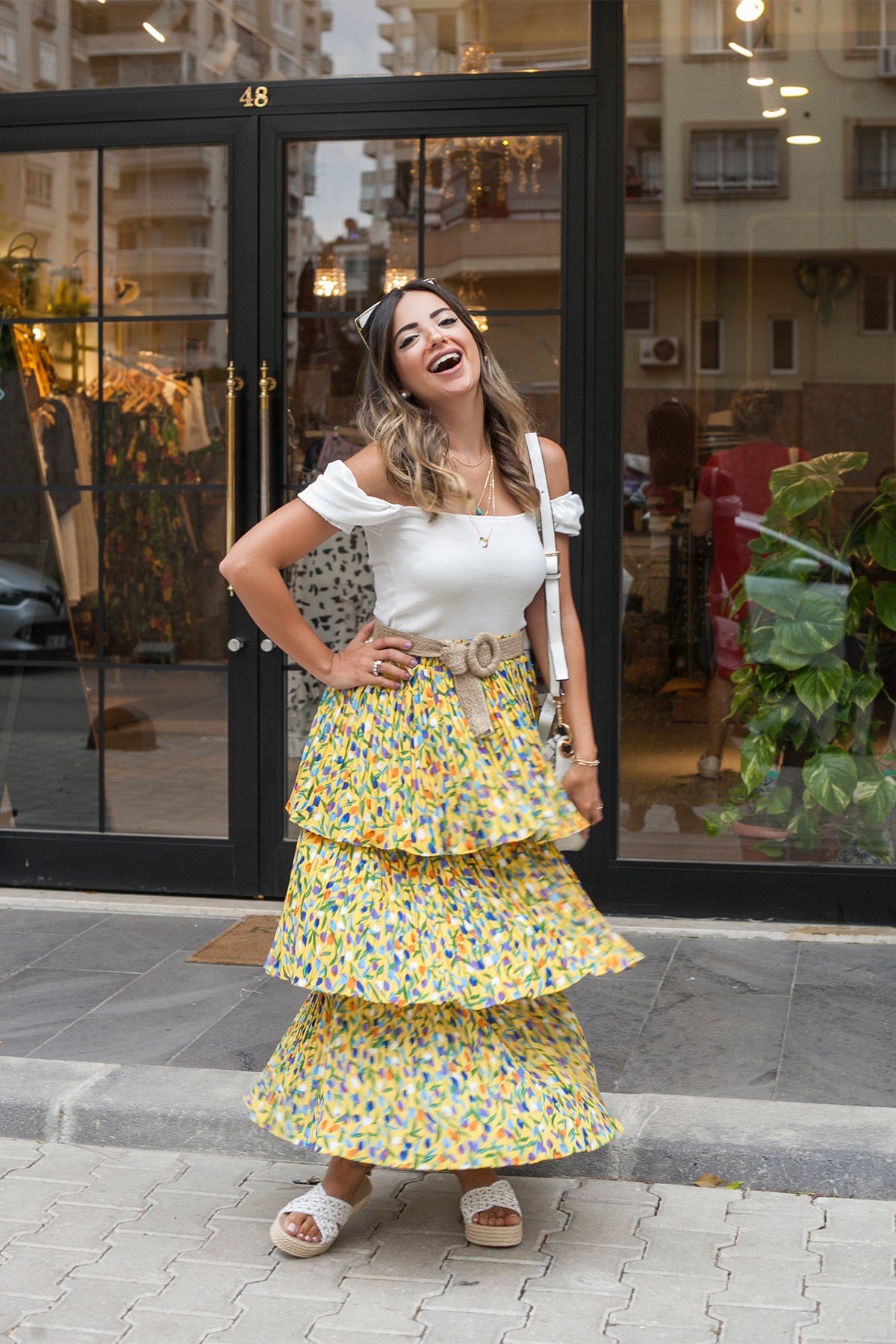 Sarı Çıtır Desenli Kat Kat Elbise