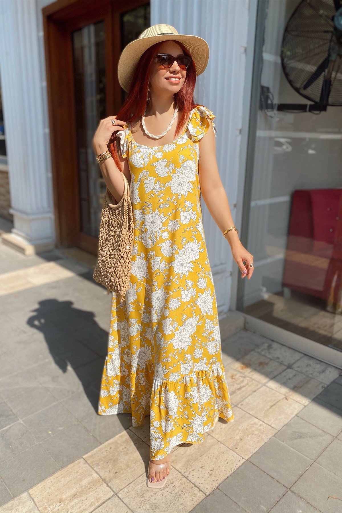 Sarı Desenli Volanlı Uzun Elbise