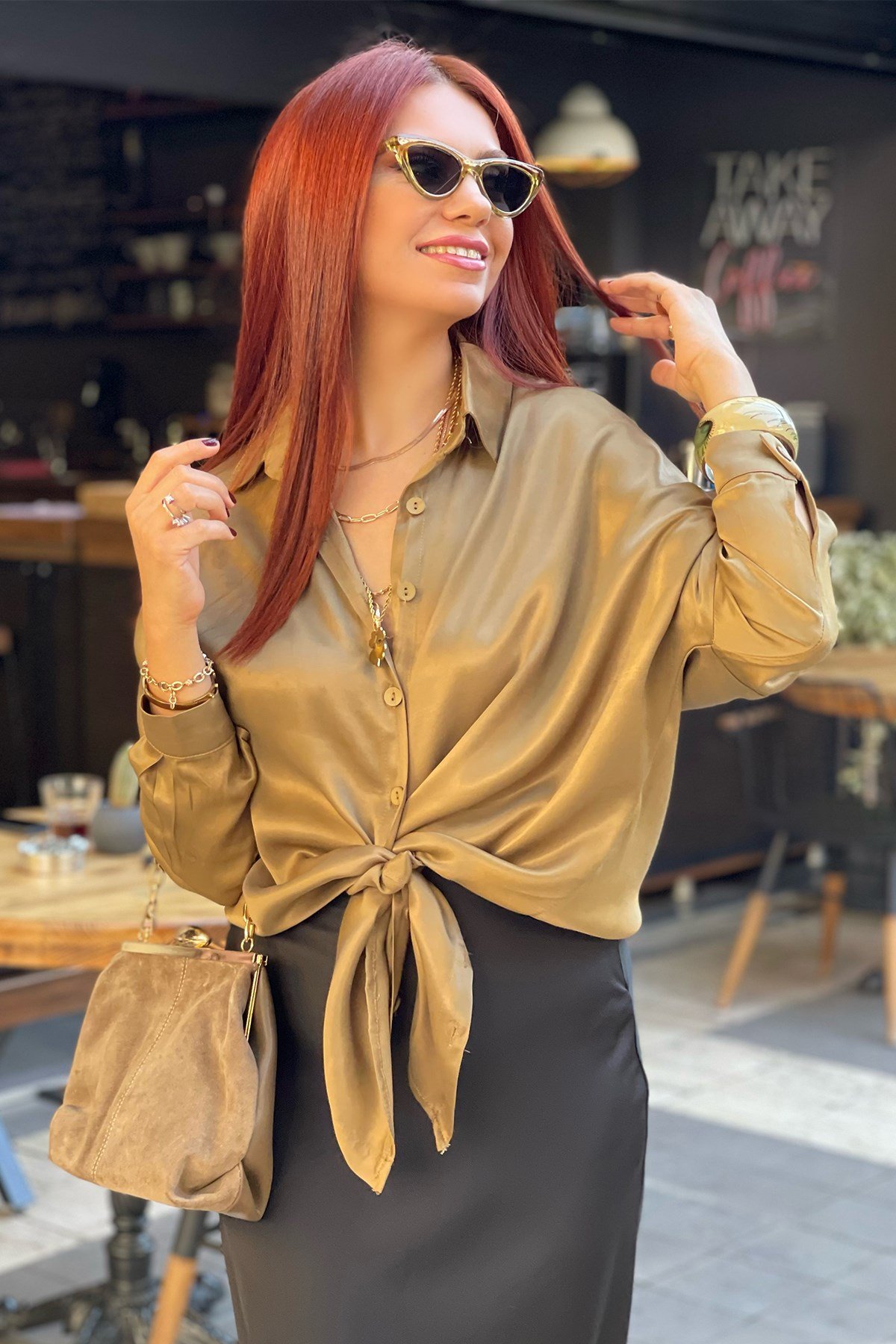 Saten Yağ Yeşili Oversize Gömlek
