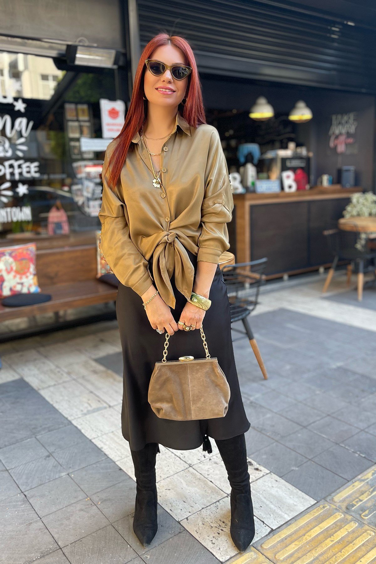 Saten Yağ Yeşili Oversize Gömlek
