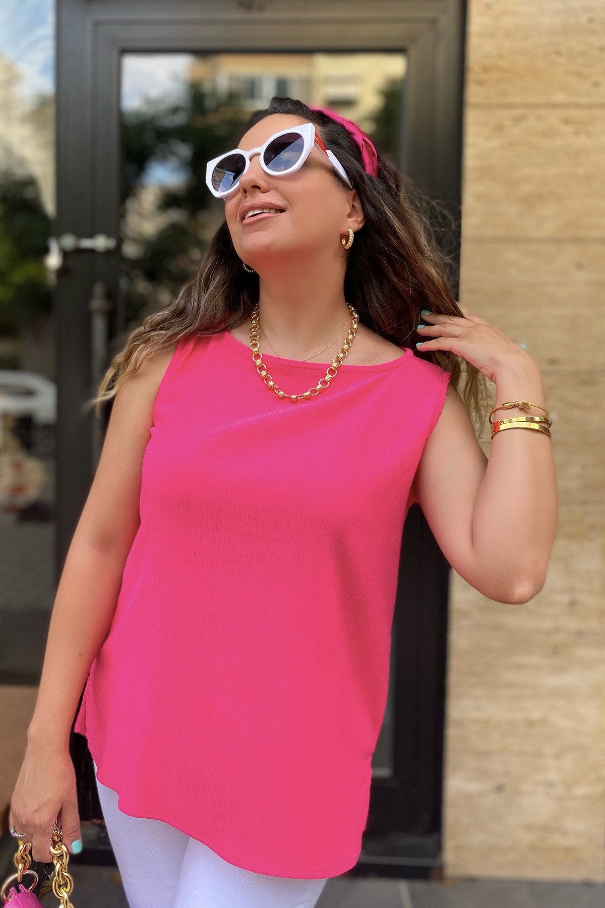 Sıfır Kol Likralı Pembe Bluz 
