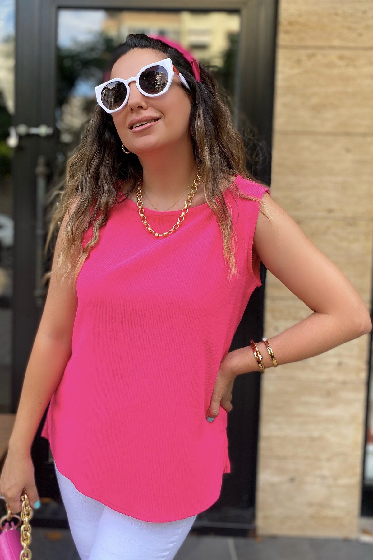 Sıfır Kol Likralı Pembe Bluz 