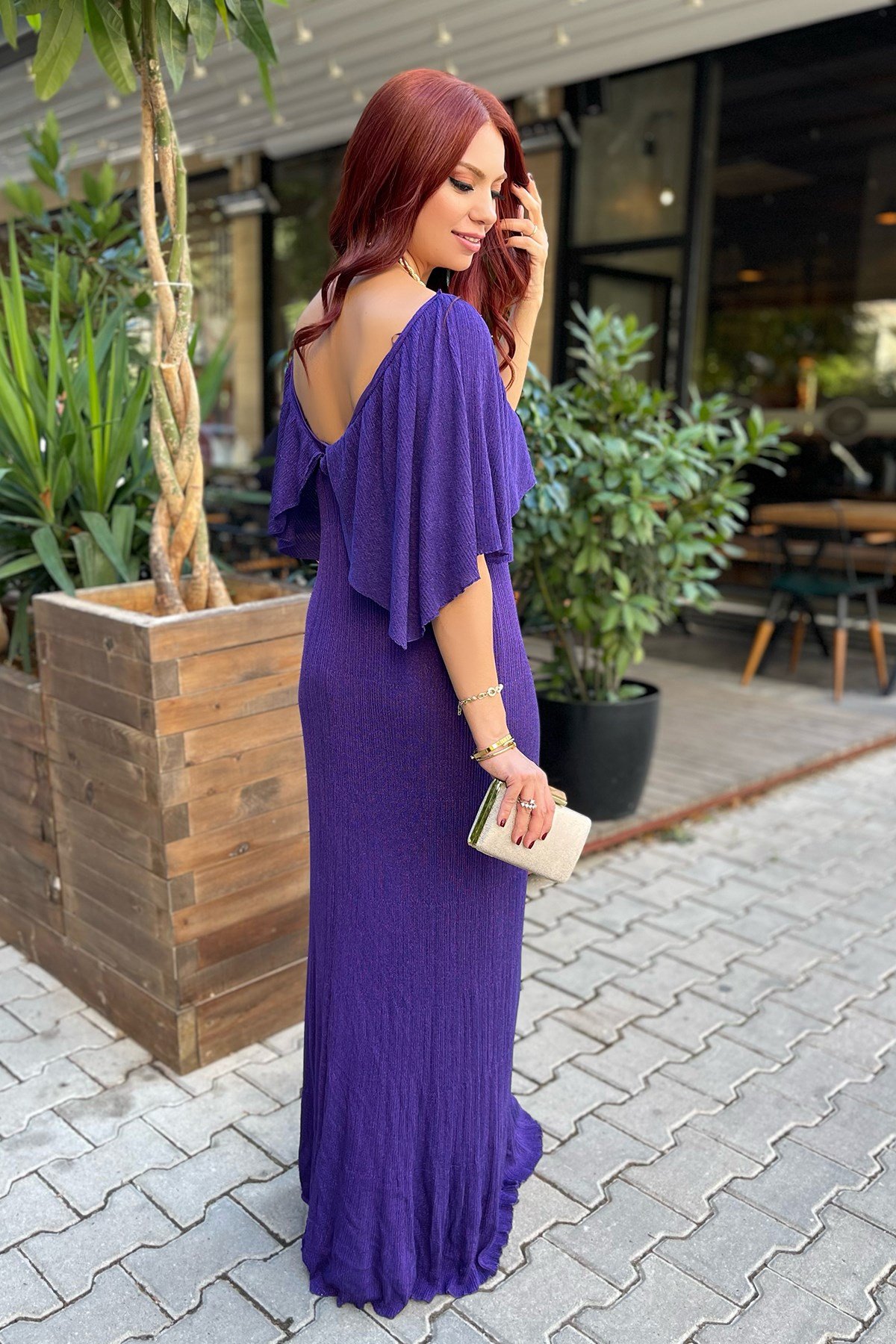 Simli Mor Uzun Elbise