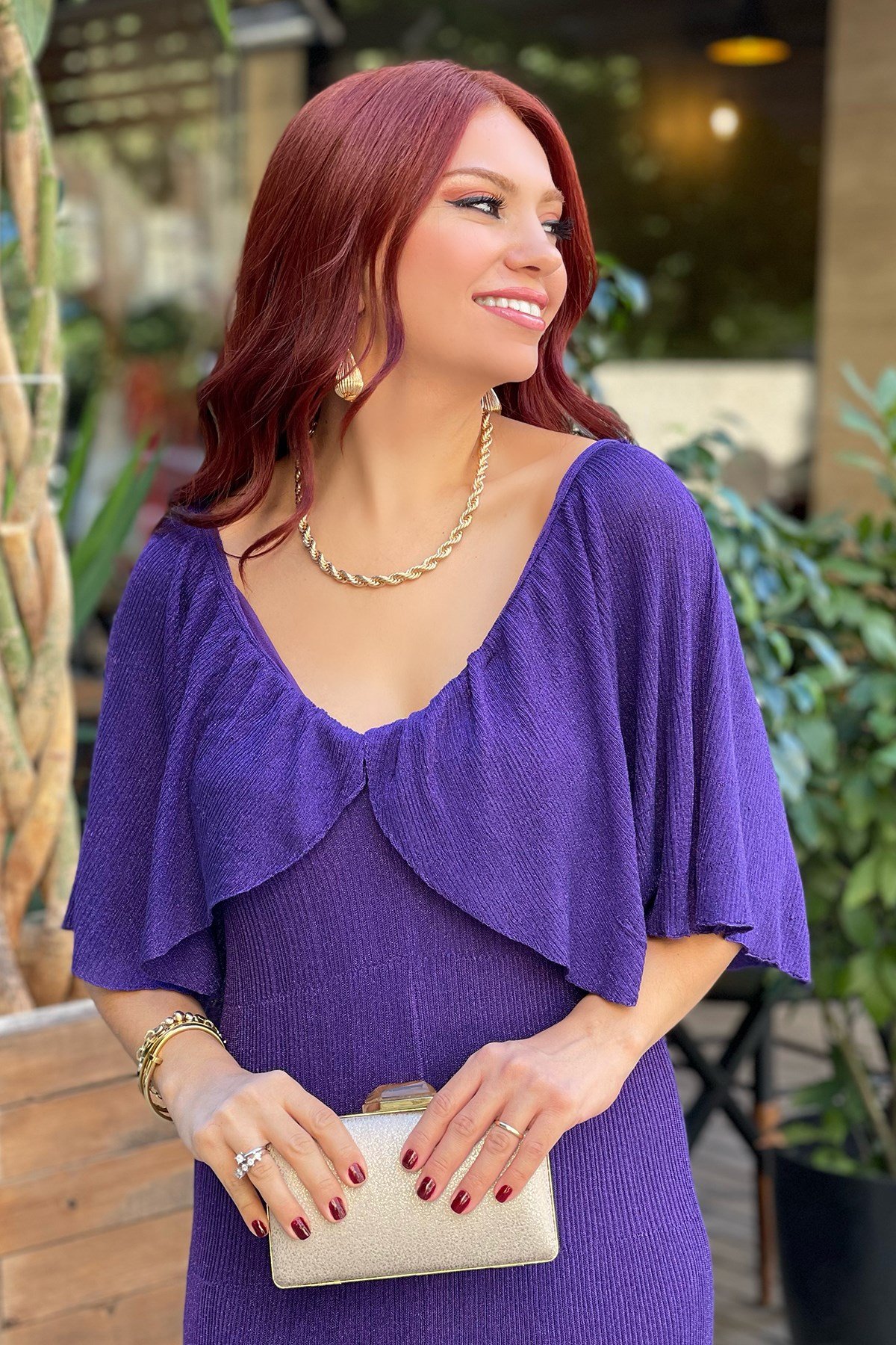 Simli Mor Uzun Elbise