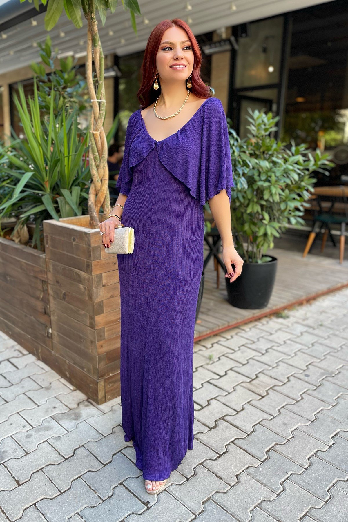 Simli Mor Uzun Elbise