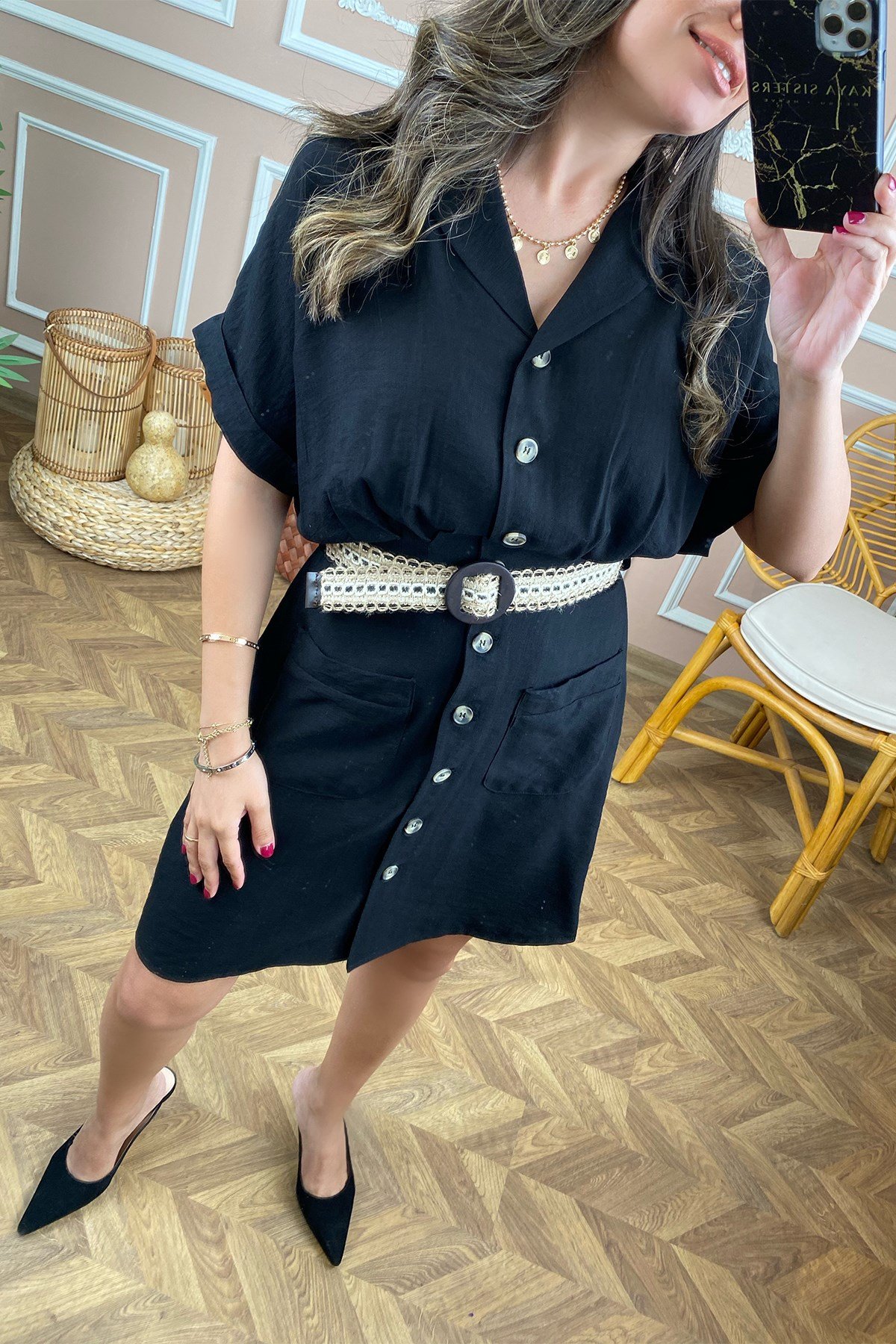 Siyah  Keten Yarım Kol Elbise