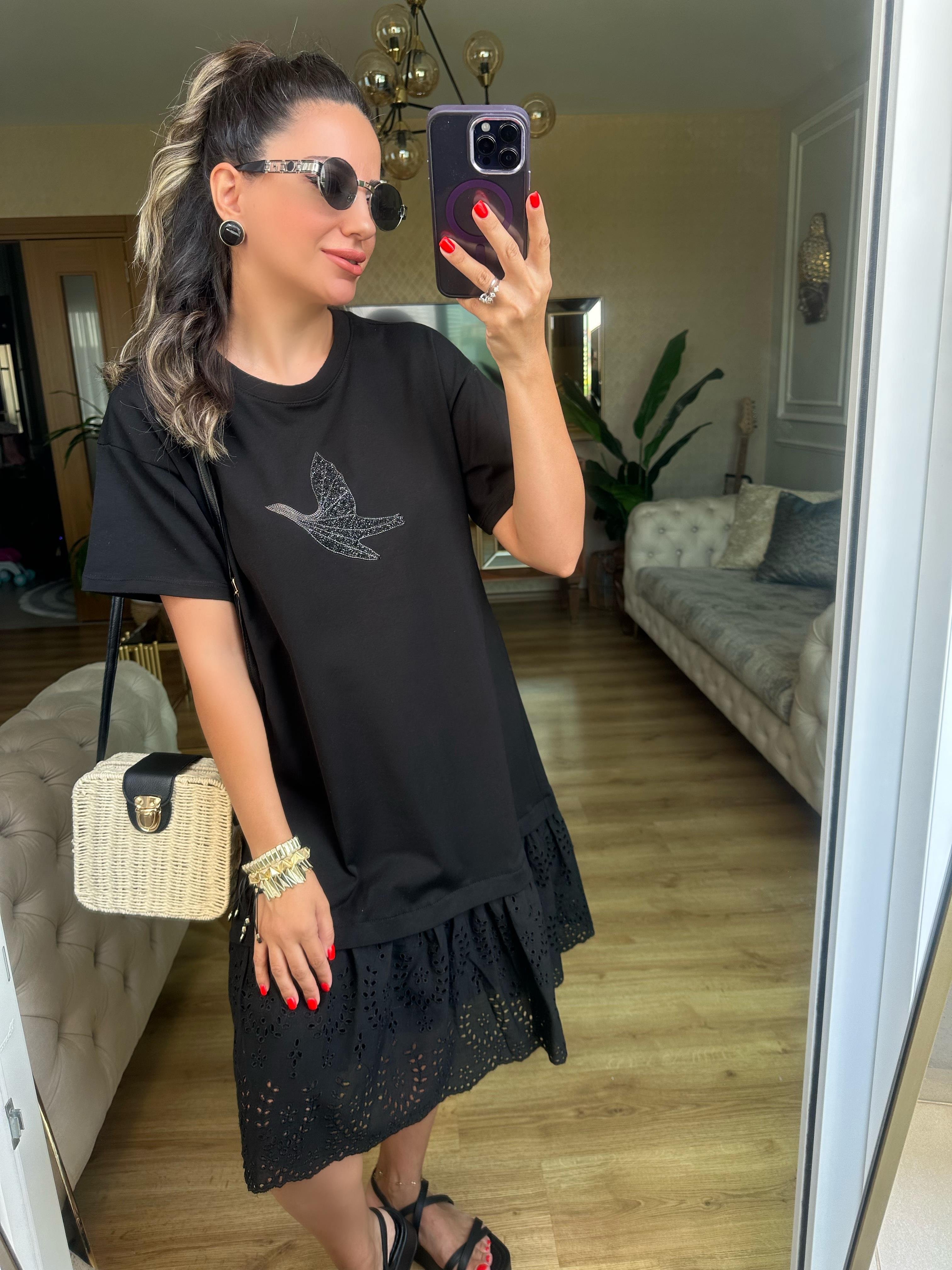 Siyah Altı Güpür Kuş Taşlı Elbise