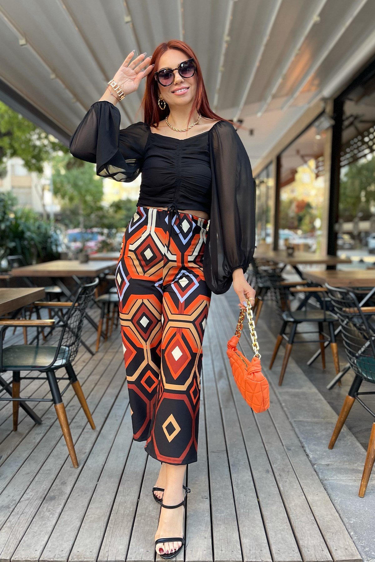 Siyah Balon Kol Şifon Bluz