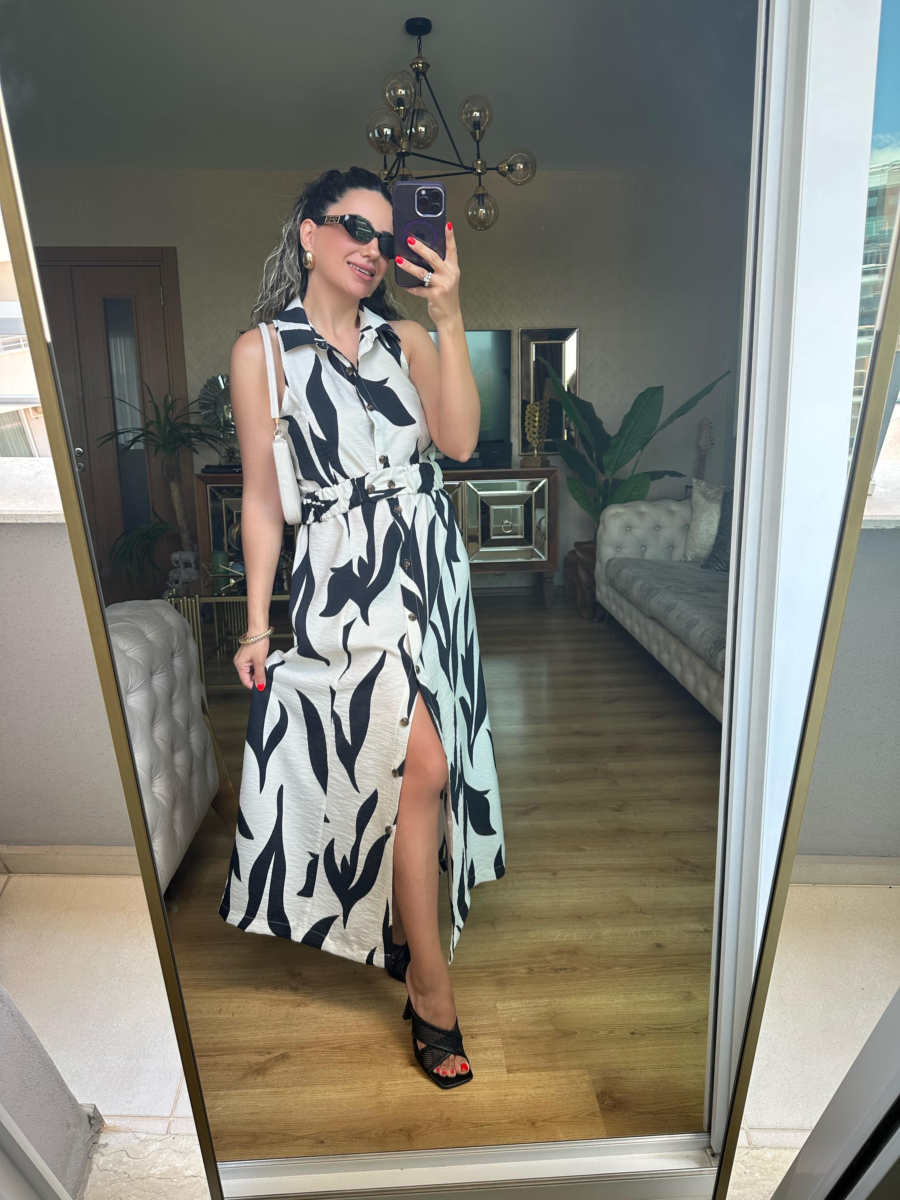 Siyah Desenli Kemerli Gömlek Elbise