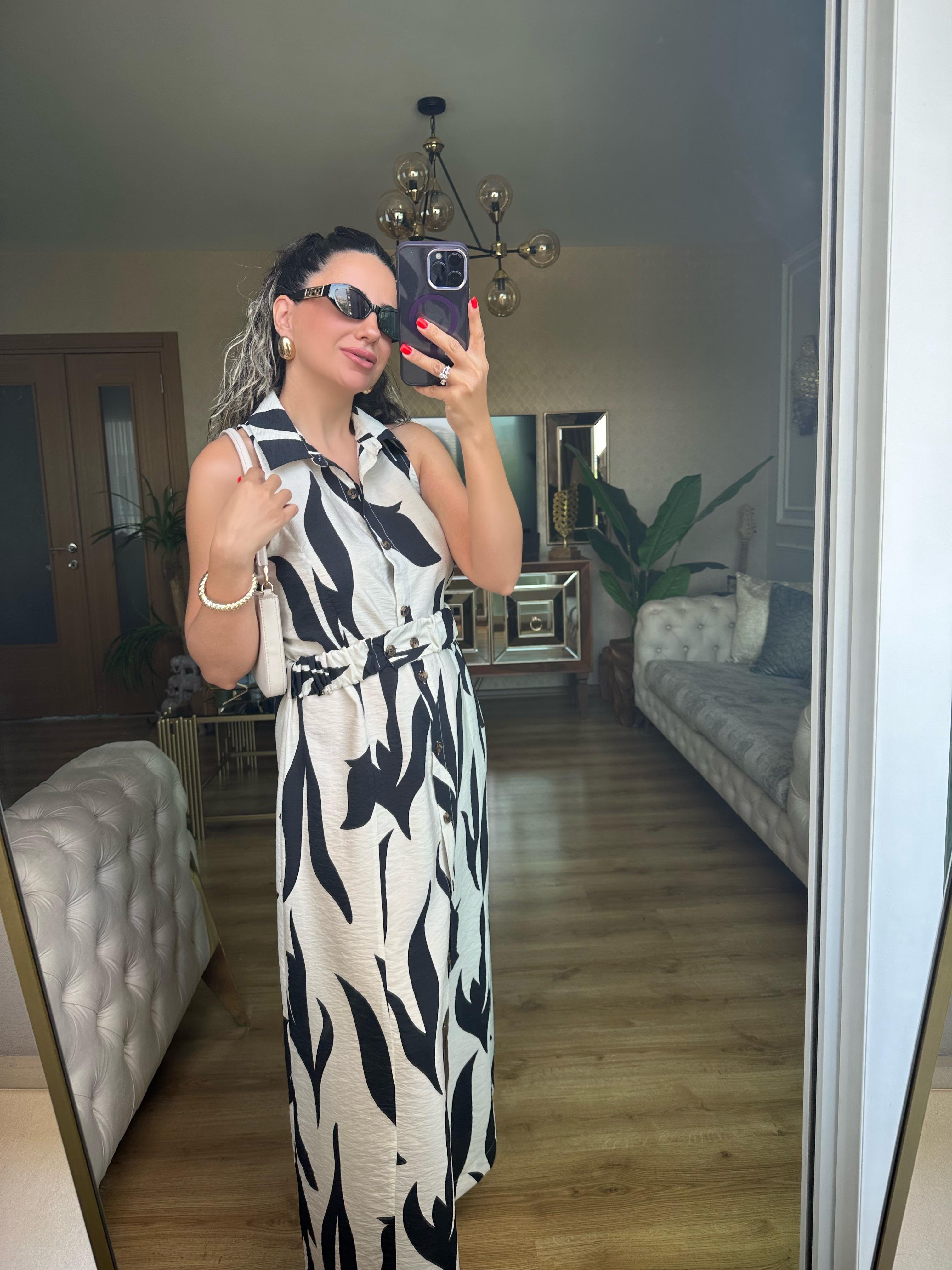 Siyah Desenli Kemerli Gömlek Elbise