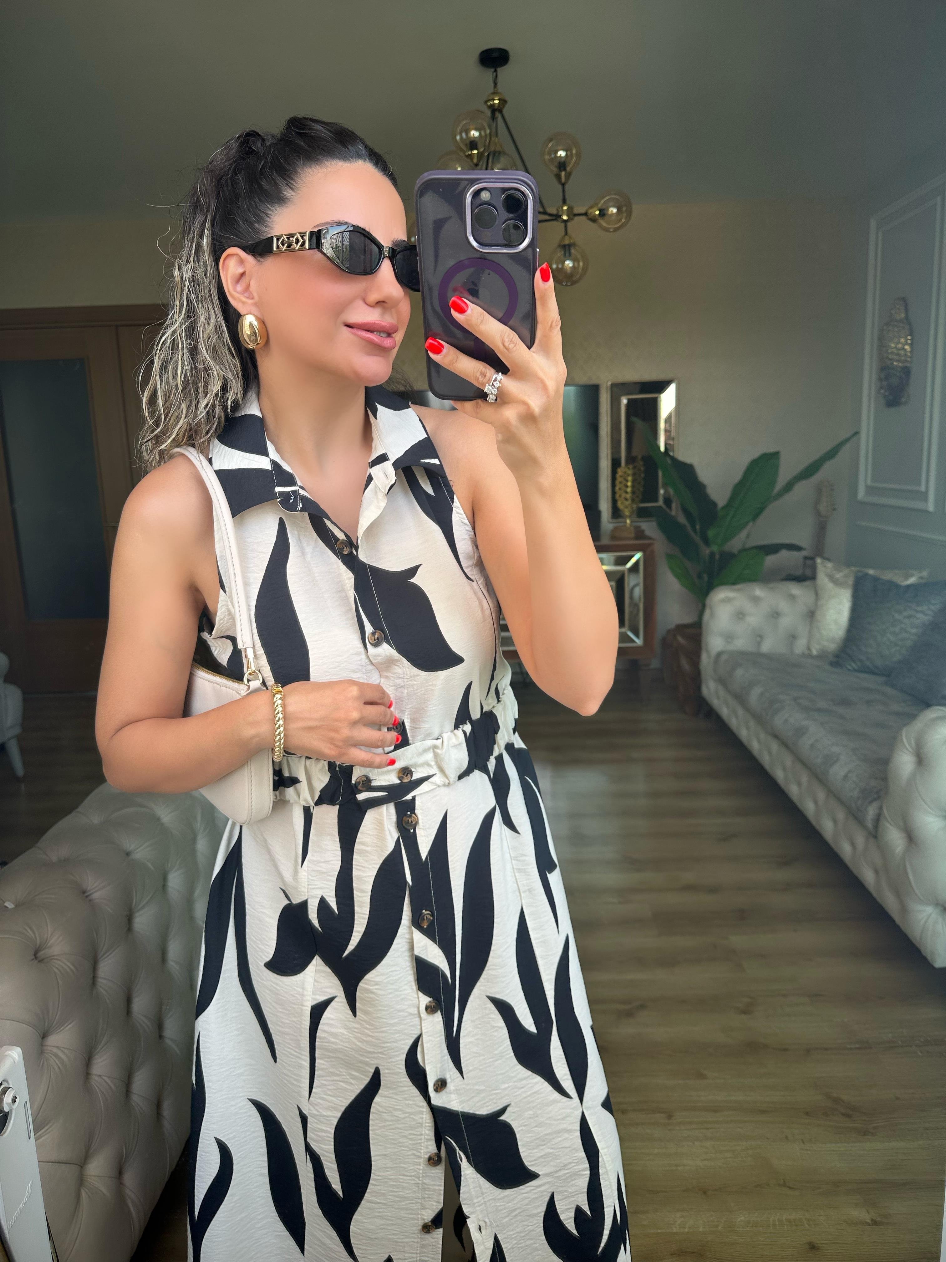 Siyah Desenli Kemerli Gömlek Elbise