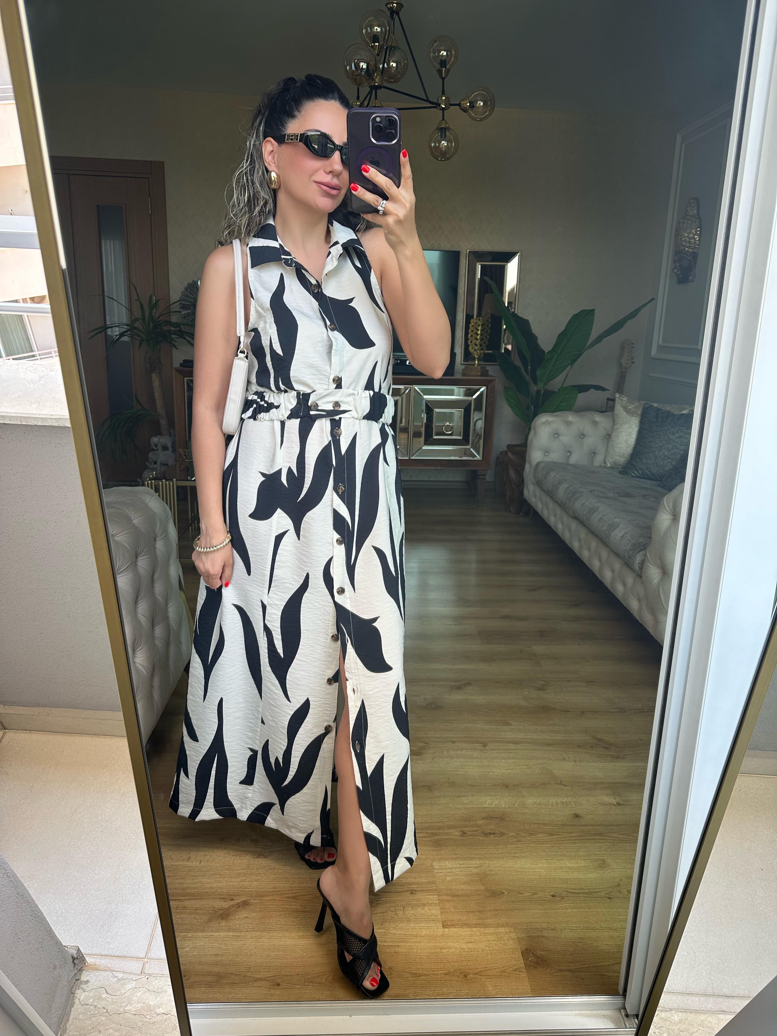 Siyah Desenli Kemerli Gömlek Elbise