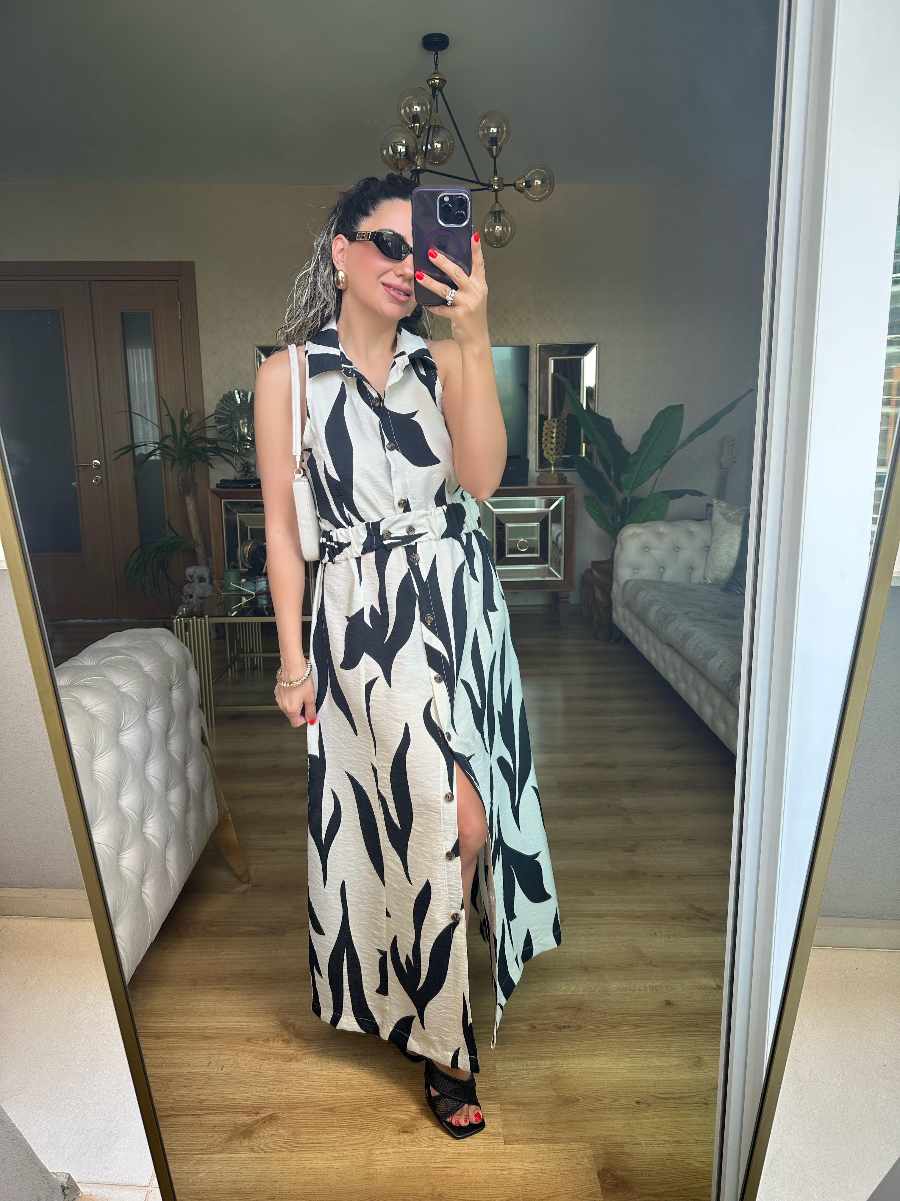 Siyah Desenli Kemerli Gömlek Elbise