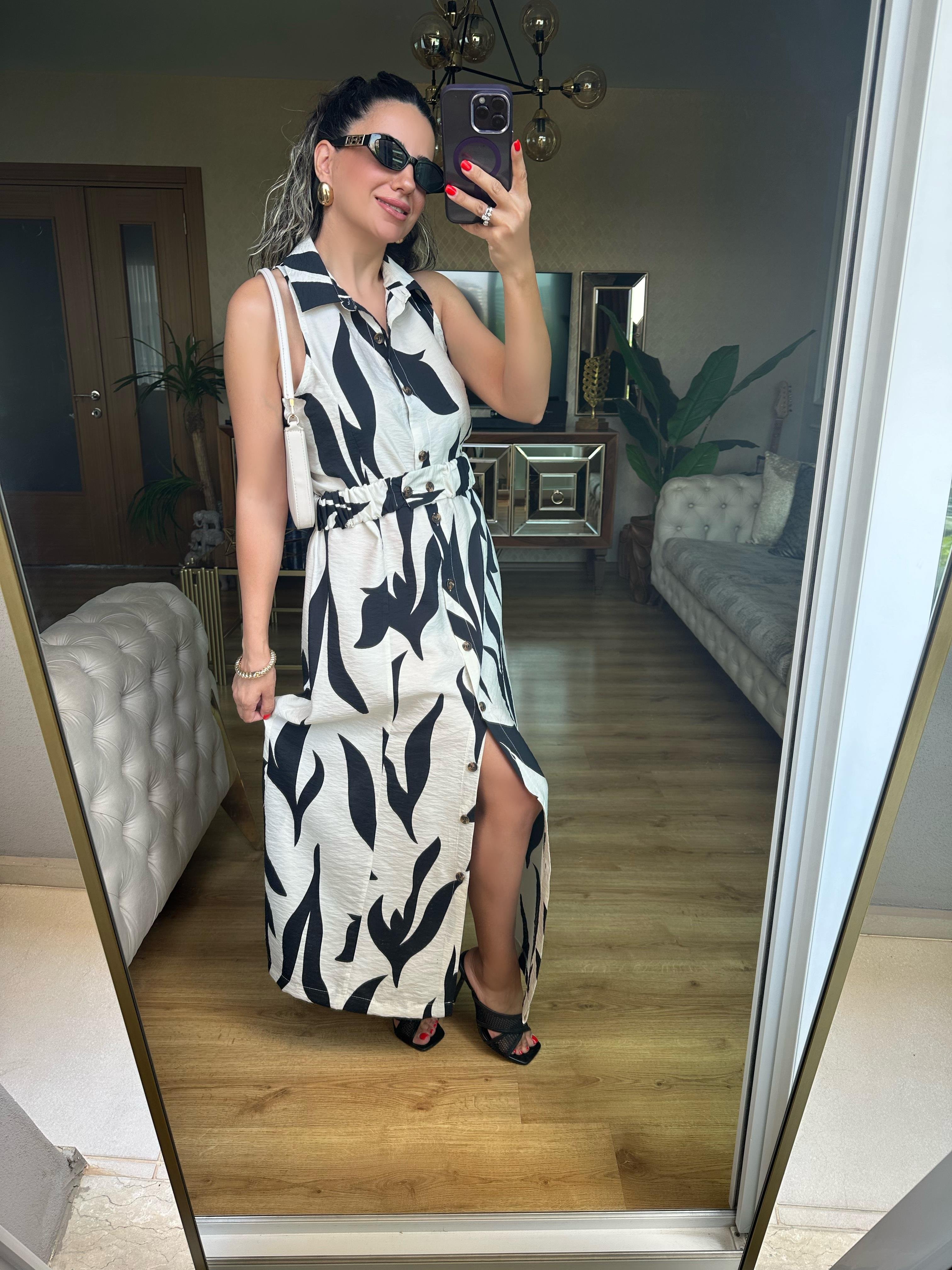 Siyah Desenli Kemerli Gömlek Elbise