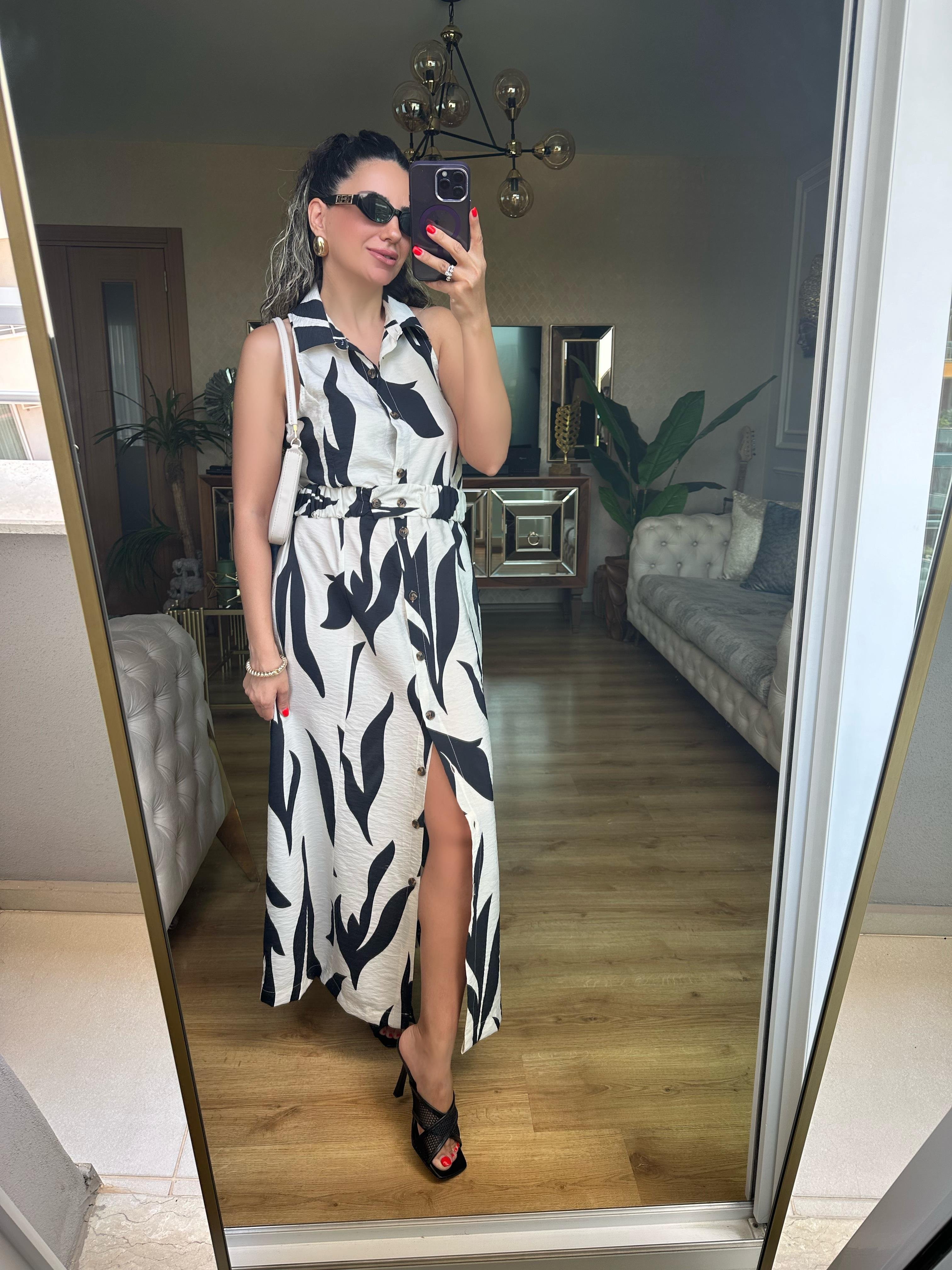 Siyah Desenli Kemerli Gömlek Elbise