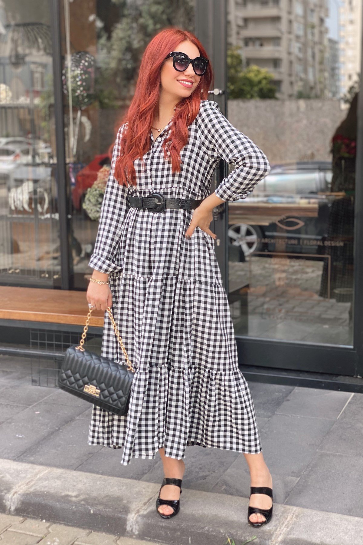 Siyah Ekose Gömlek Yaka Elbise