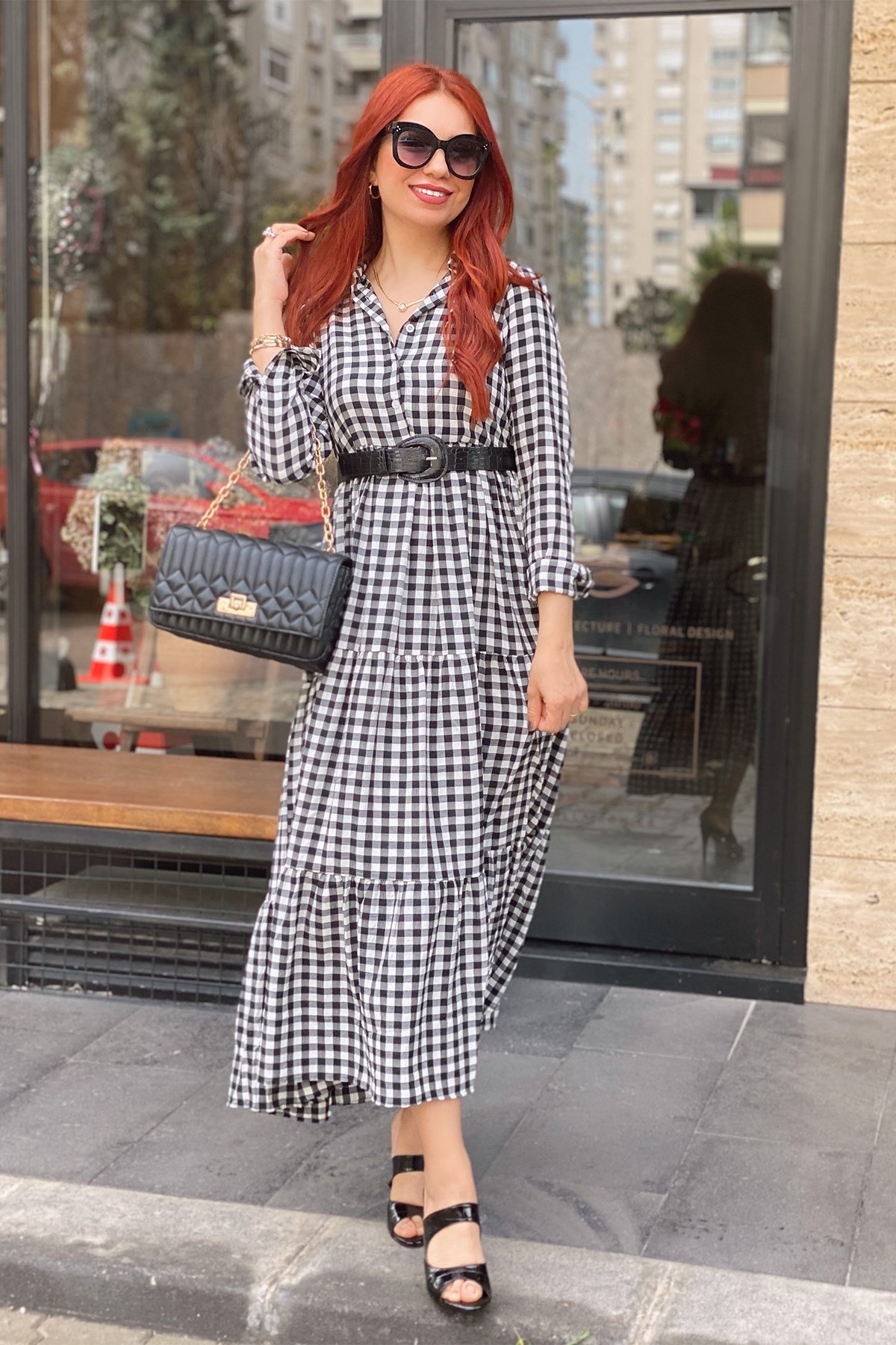 Siyah Ekose Gömlek Yaka Elbise