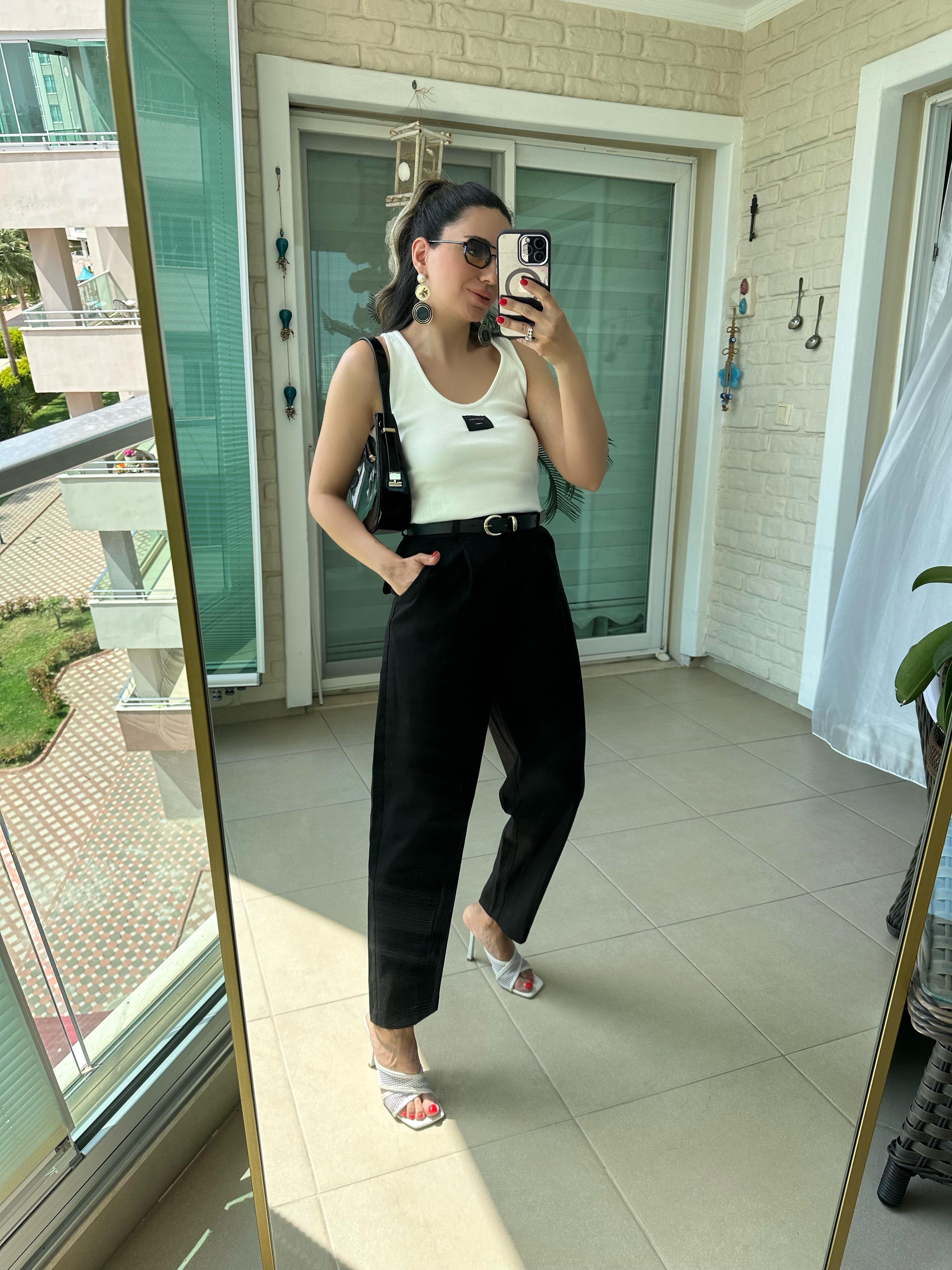 Siyah Ham Keten Kemerli Premium Pantolon