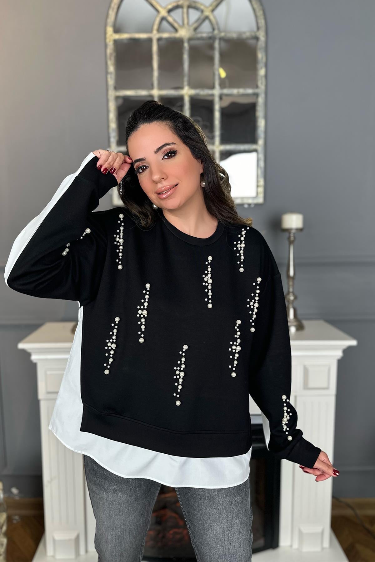 Siyah İncili Gömlek Sweatshirt