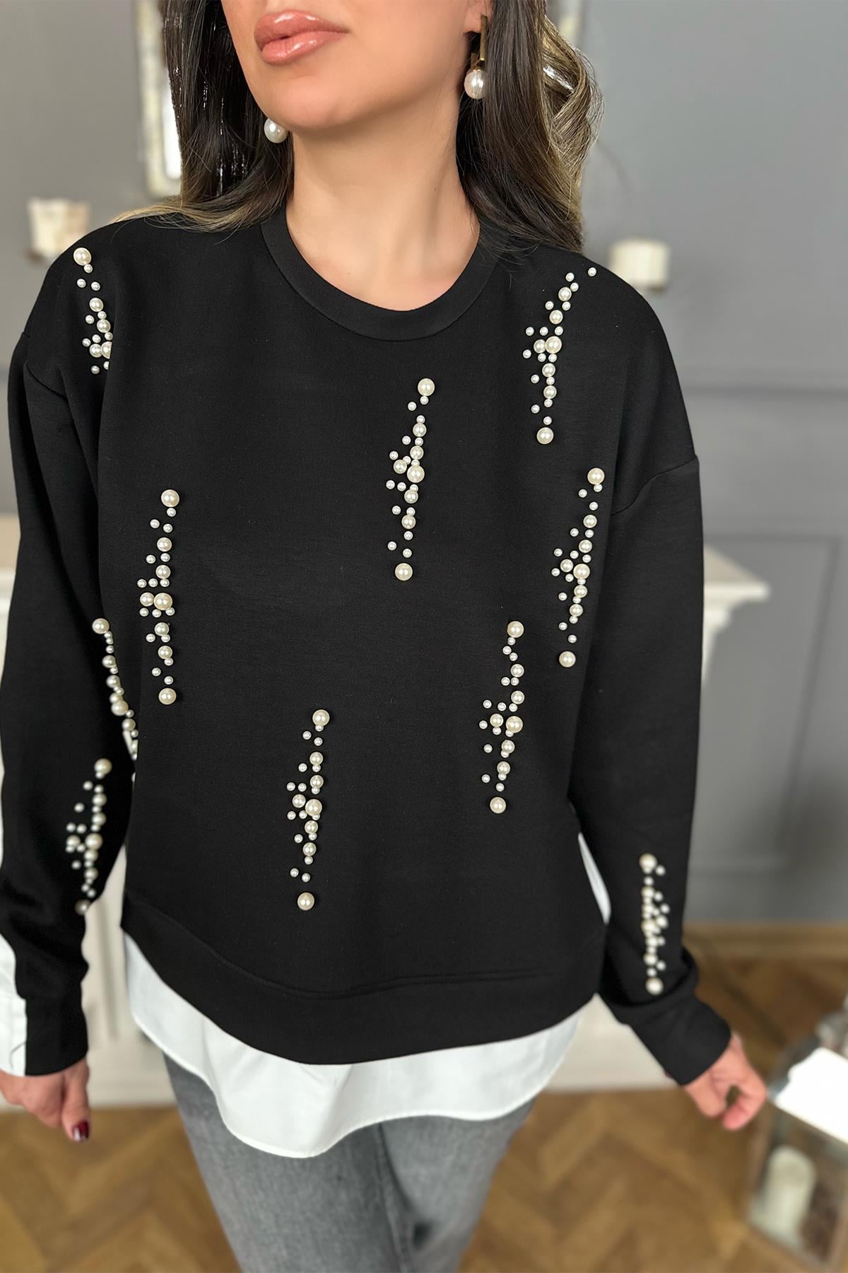 Siyah İncili Gömlek Sweatshirt