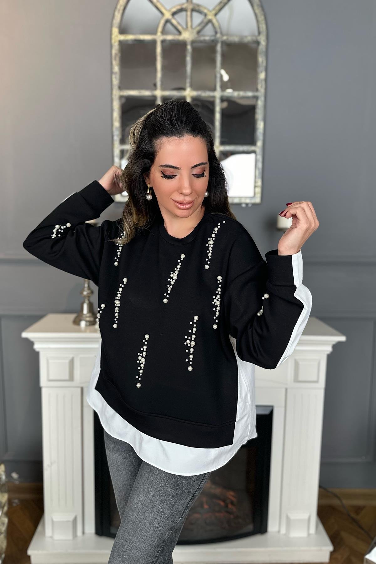 Siyah İncili Gömlek Sweatshirt